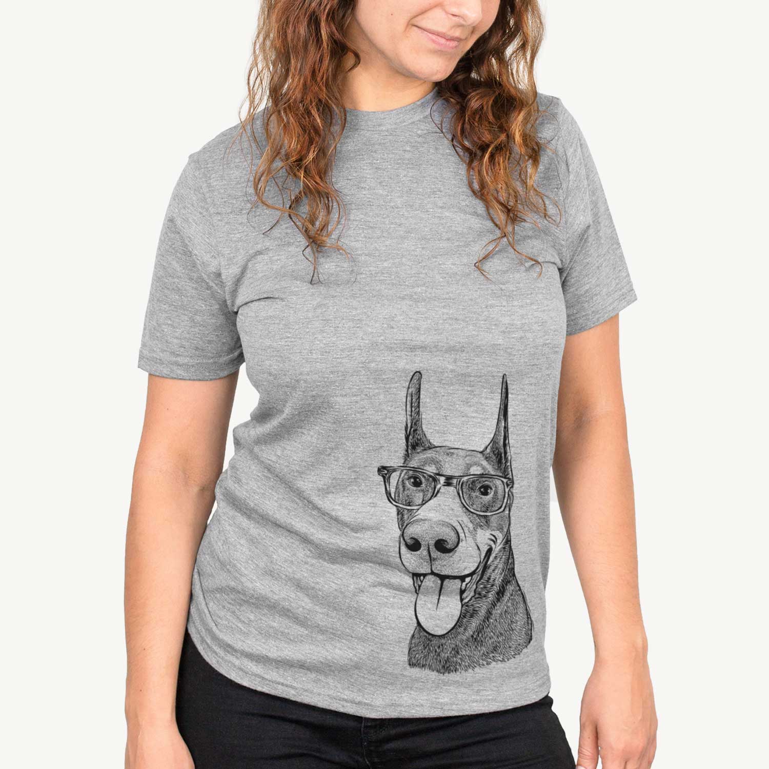Hand-drawn sketch of Happy Sunny the Doberman Pinscher on a Grey Unisex crewneck