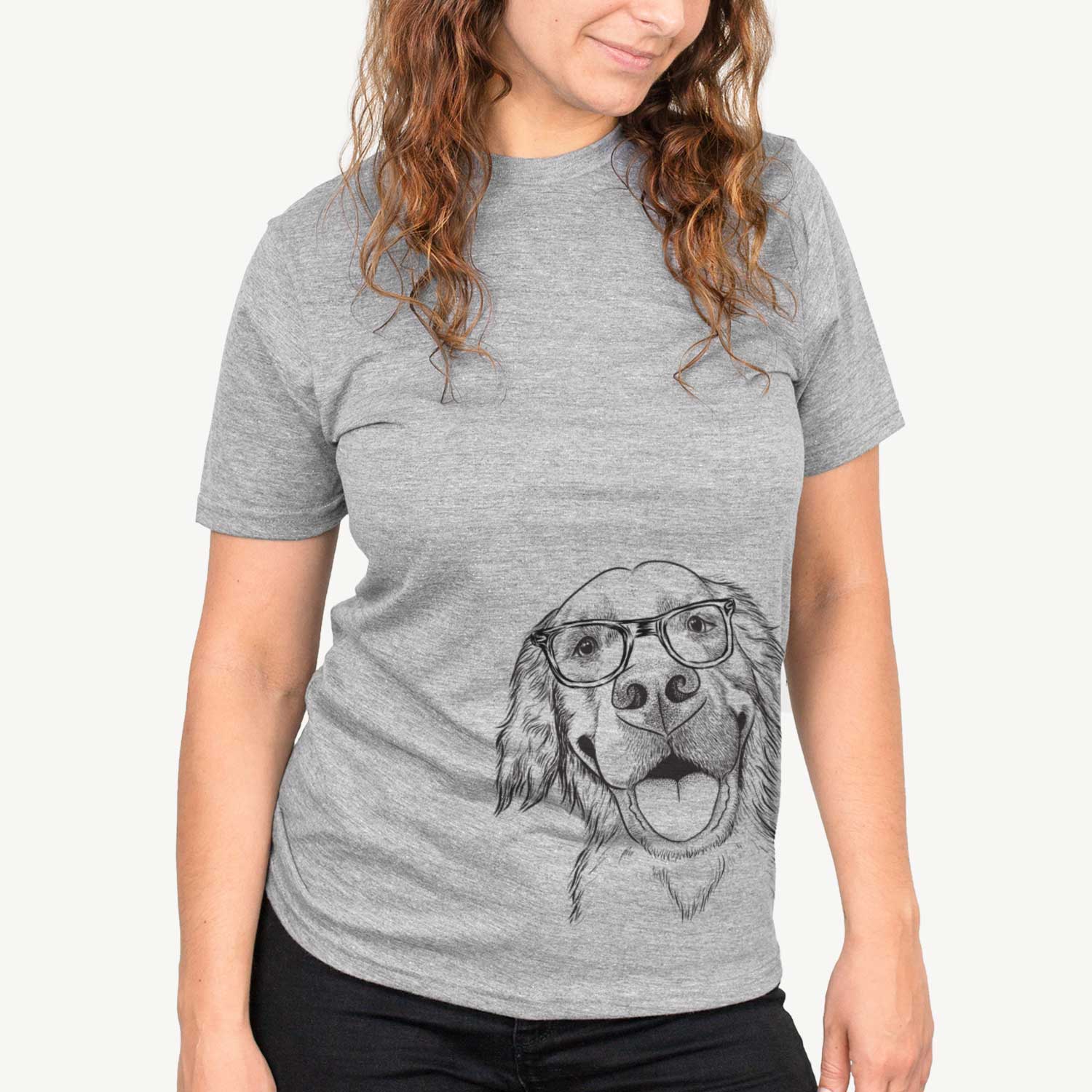 Hand-drawn sketch of Jordy the Golden Retriever on a Grey Unisex crewneck