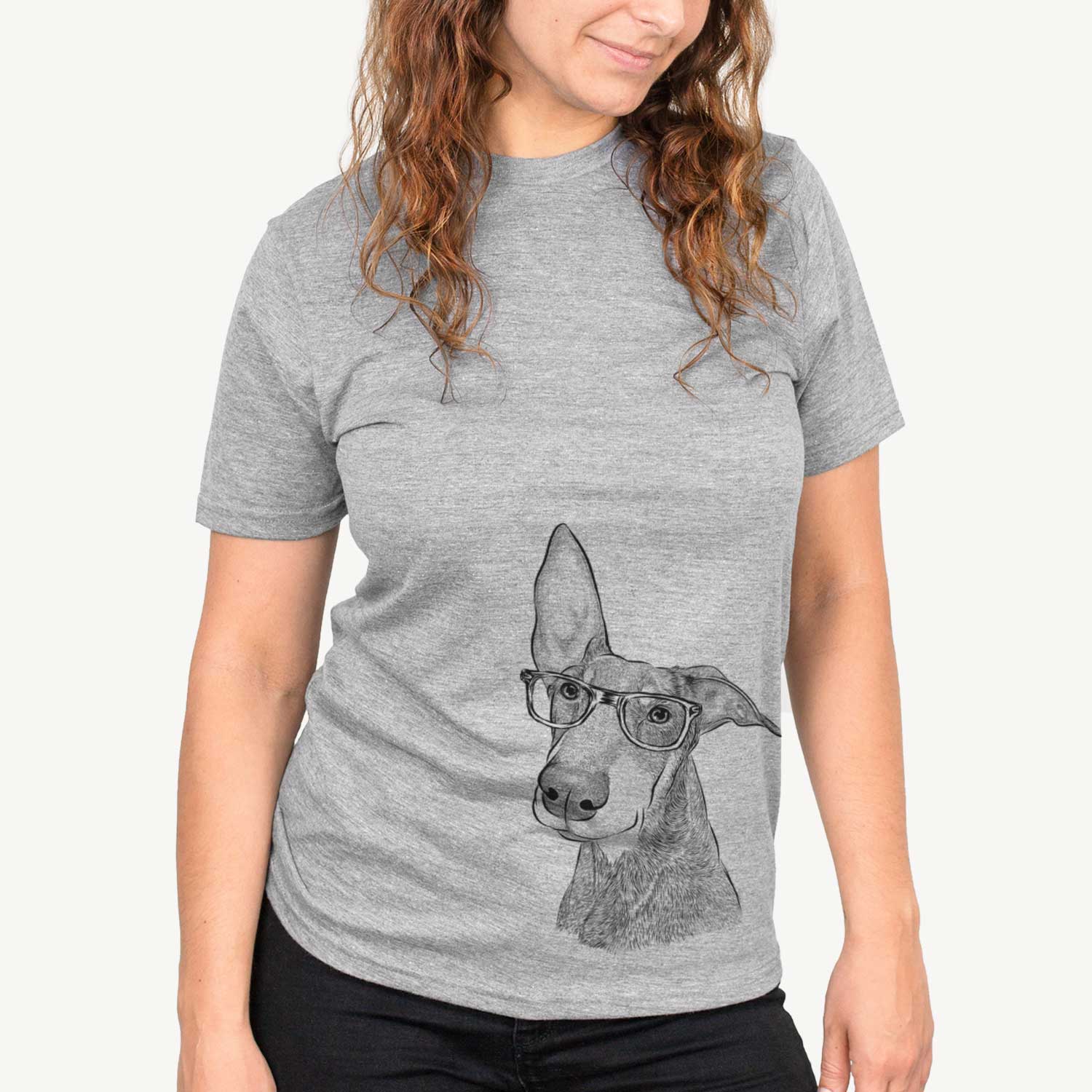Hand-drawn sketch of Kain the Doberman Pinscher on a Grey Unisex crewneck