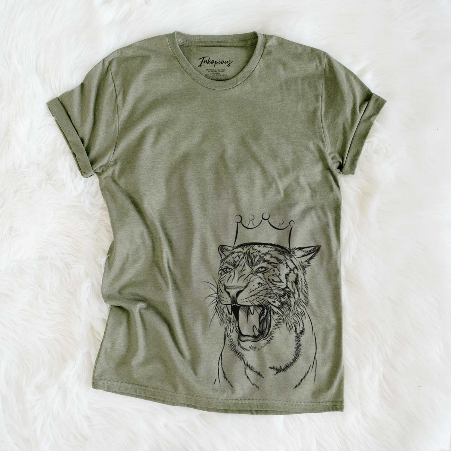 Hand-drawn sketch of King the Tiger on an Olive Unisex crewneck