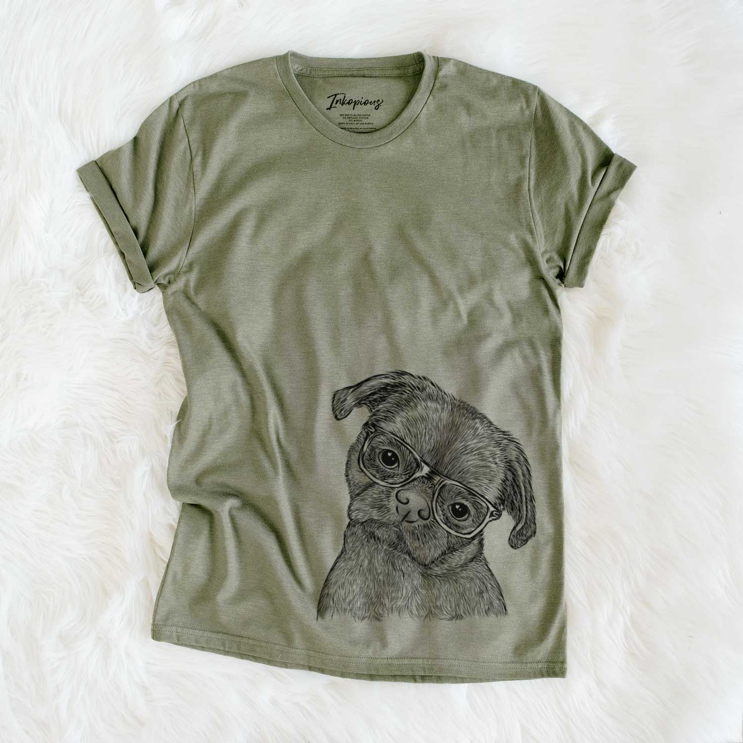 Hand-drawn sketch of Koko the Shih Tzu on an Olive Unisex crewneck