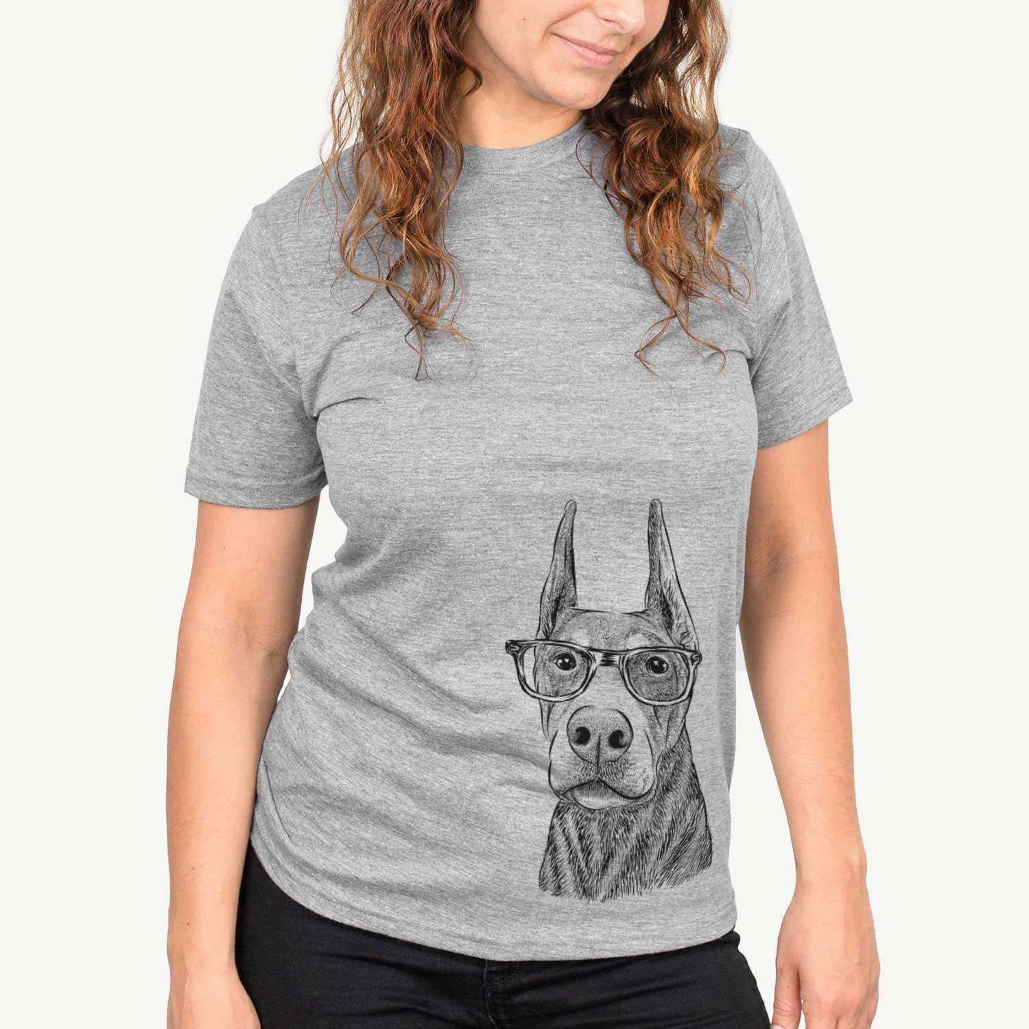 Hand-drawn sketch of Luna the Doberman Pinscher on a Grey Unisex crewneck