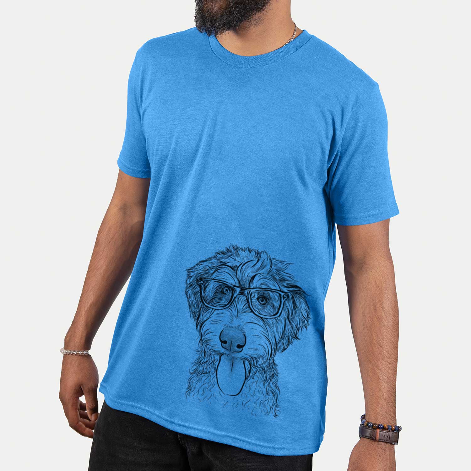 Hand-drawn sketch of Myrtle Mae the Aussiedoodle on a Blue Unisex crewneck