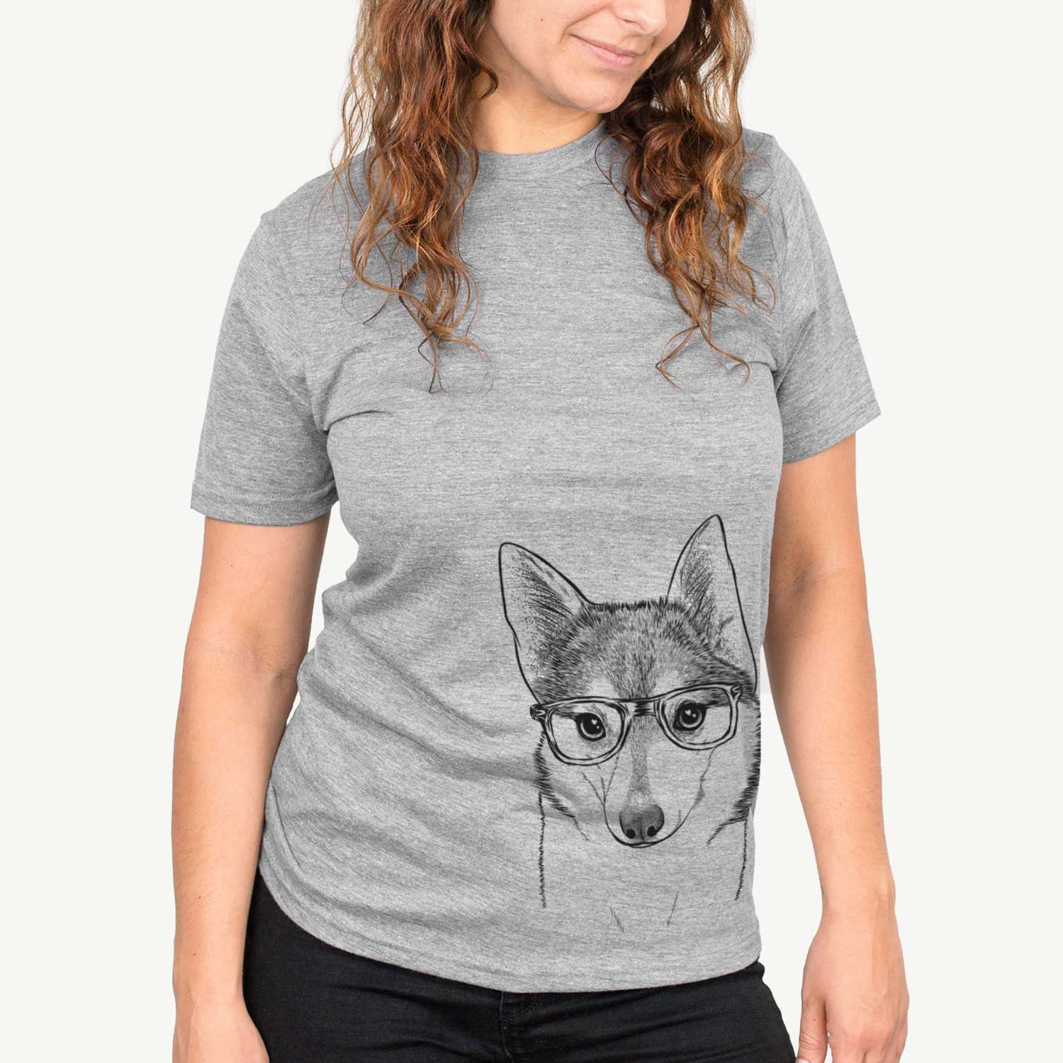 Hand-drawn sketch of Nami the Alaskan Klee Kai on a Grey Unisex crewneck