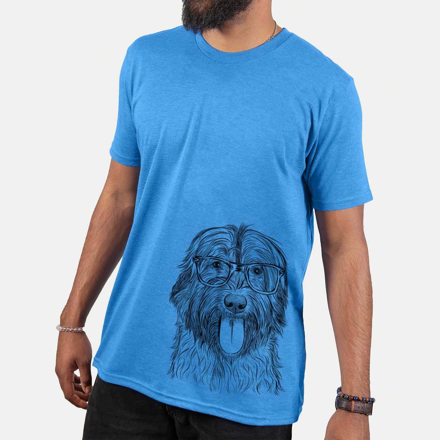 Hand-drawn sketch of Puig the Catalan Sheepdog on a Blue Unisex crewneck