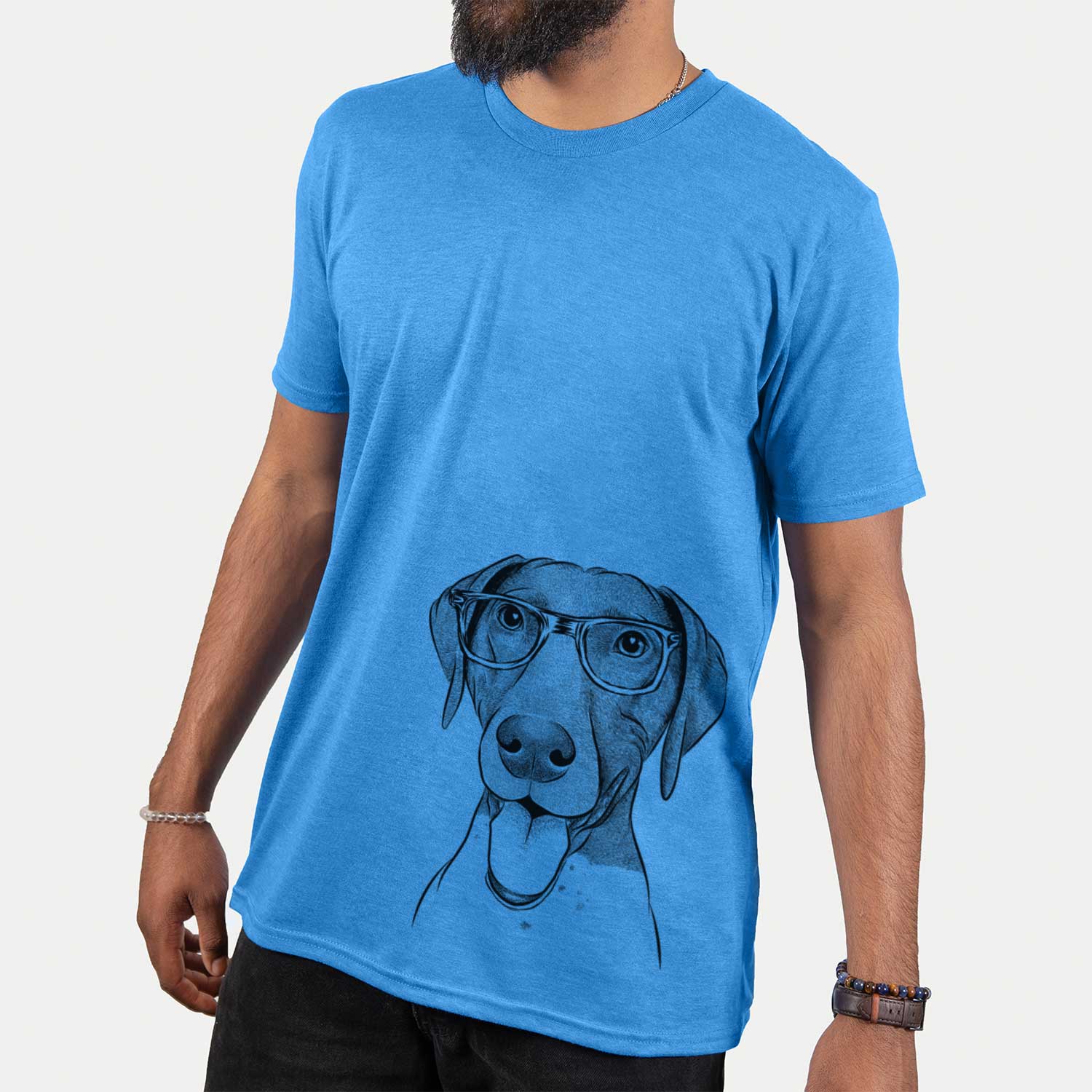 Hand-drawn sketch of Remi the German Shorthaired Pointer on a Blue Unisex crewneck
