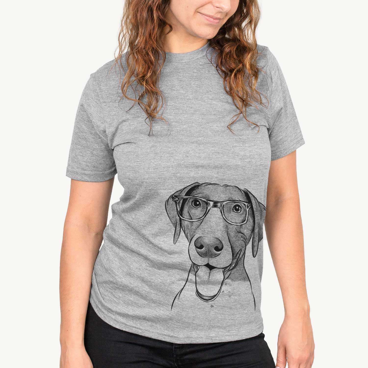 Hand-drawn sketch of Remi the German Shorthaired Pointer on a Grey Unisex crewneck