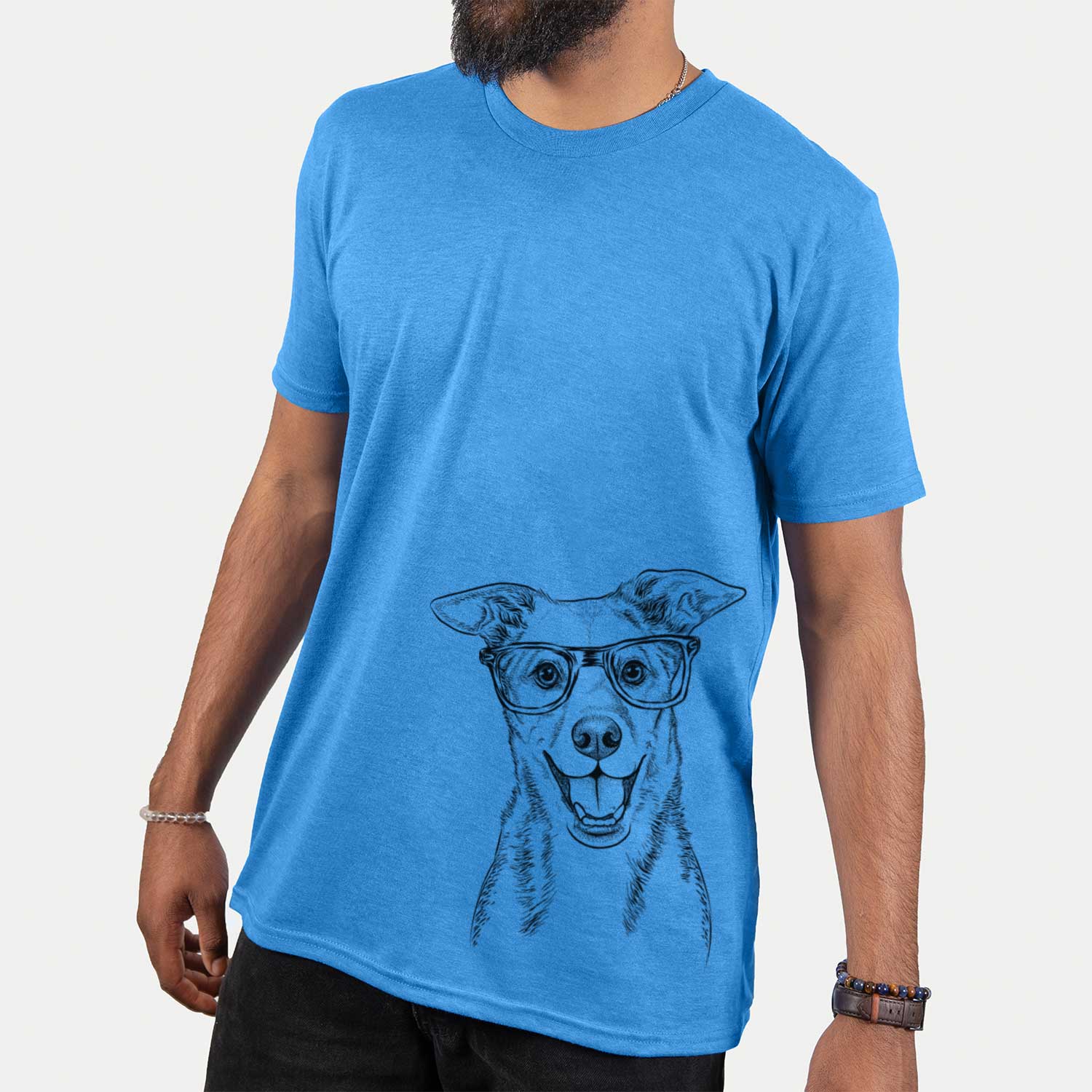 Hand-drawn sketch of Rocco the Mixed Breed on a Blue Unisex crewneck