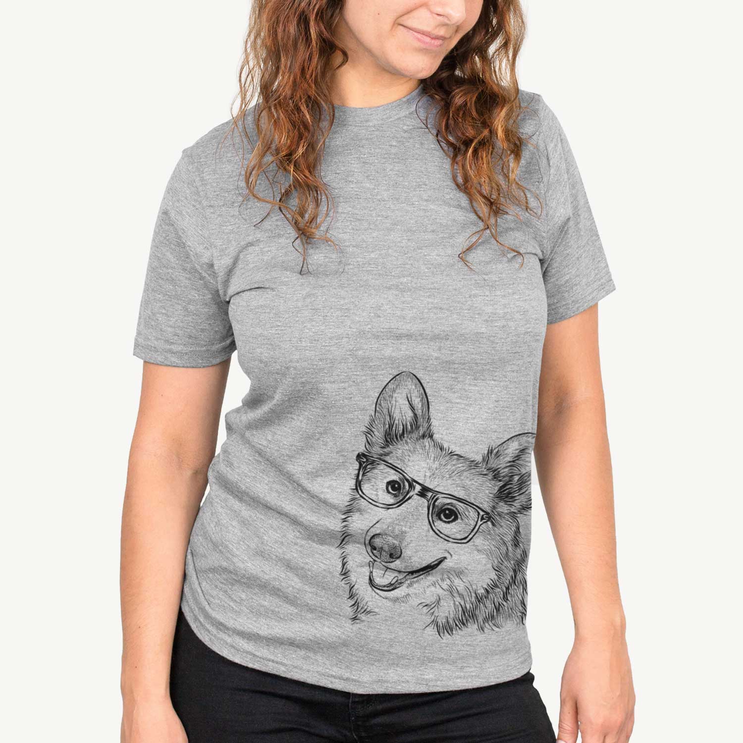 Hand-drawn sketch of Scout the Pembroke Welsh Corgi on a Grey Unisex crewneck
