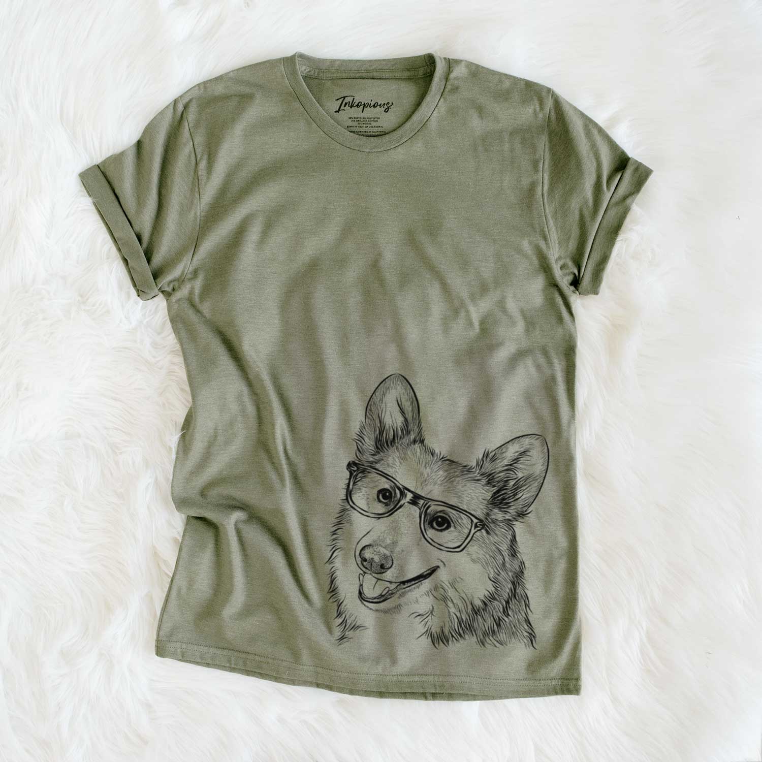 Hand-drawn sketch of Scout the Pembroke Welsh Corgi on an Olive Unisex crewneck
