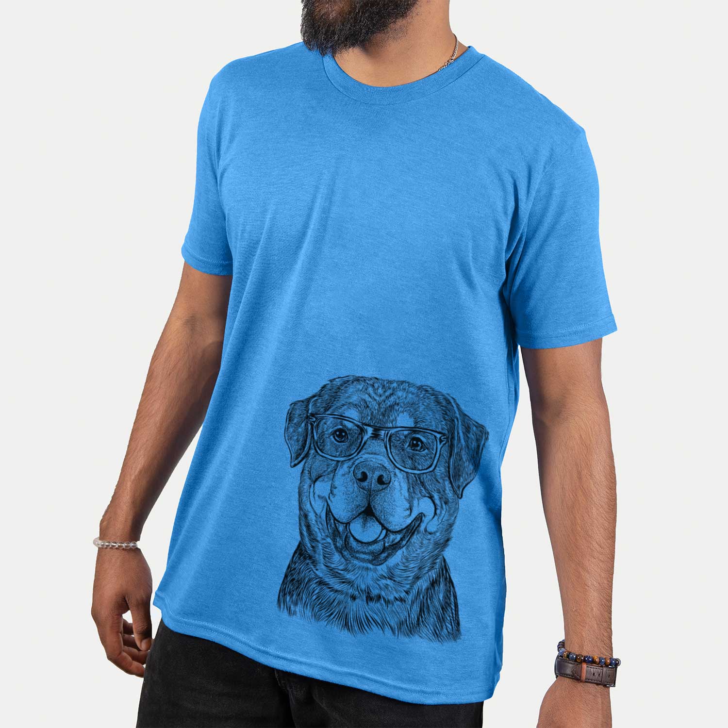 Hand-drawn sketch of Sig the Rottweiler on a Blue Unisex crewneck