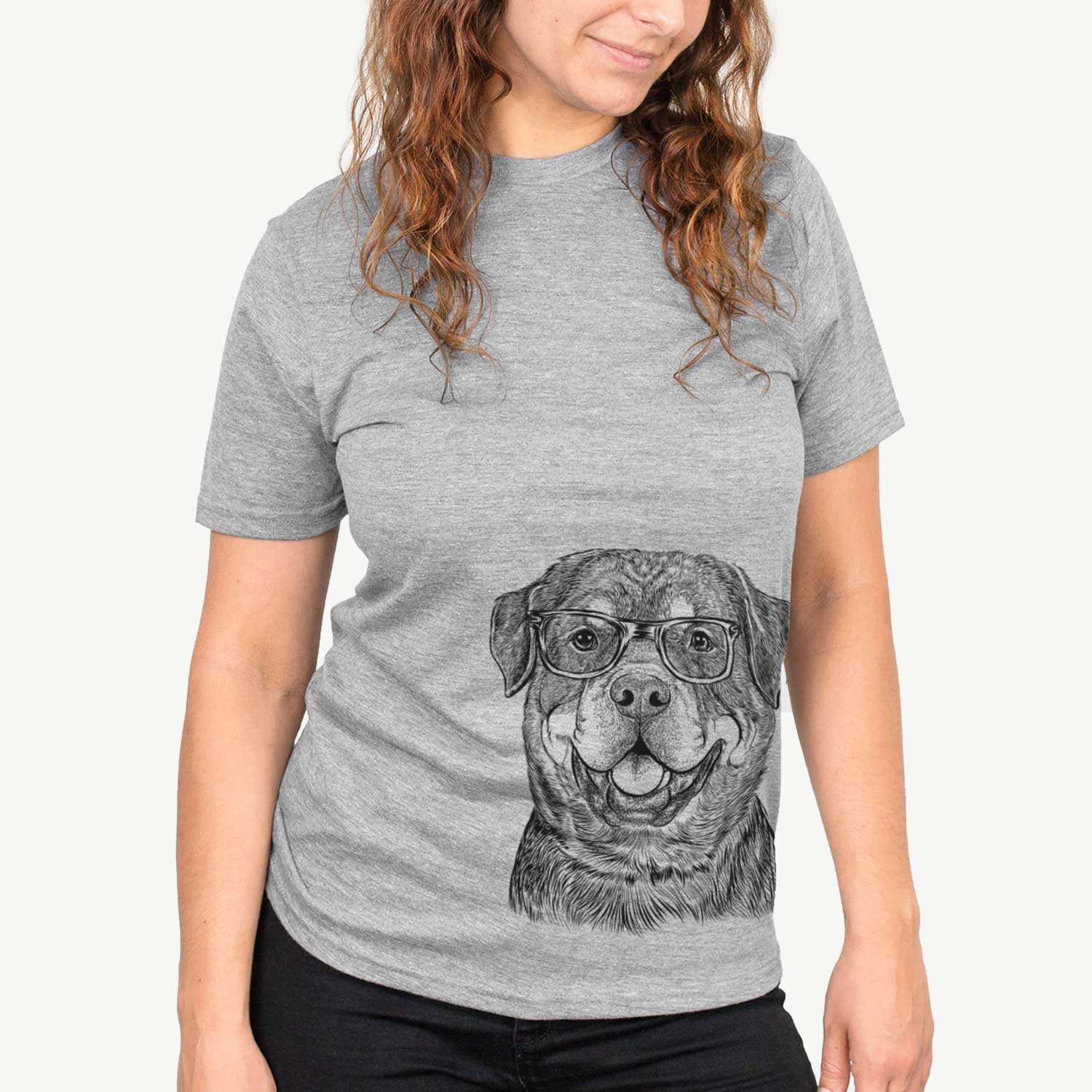 Hand-drawn sketch of Sig the Rottweiler on a Grey Unisex crewneck