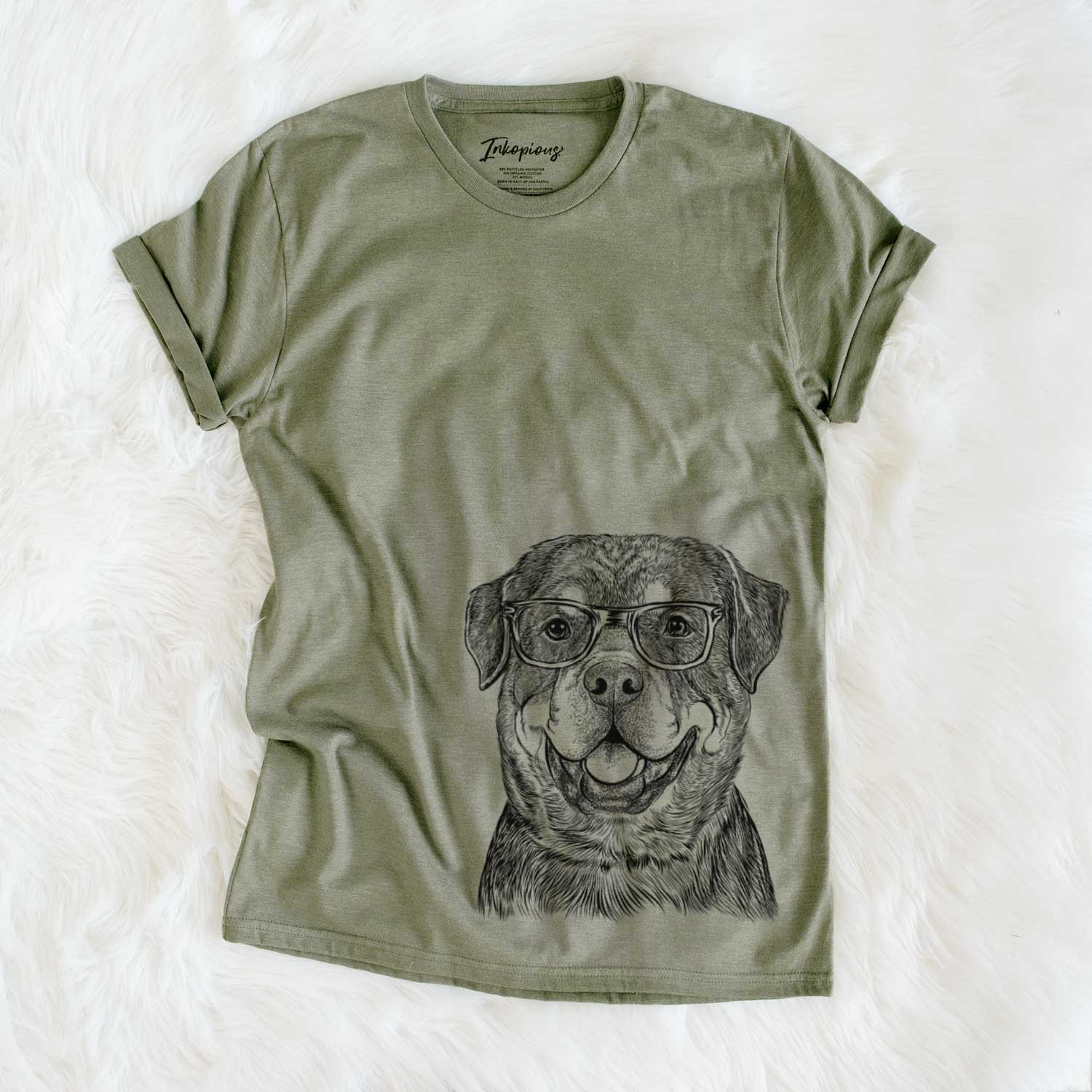 Hand-drawn sketch of Sig the Rottweiler on an Olive Unisex crewneck