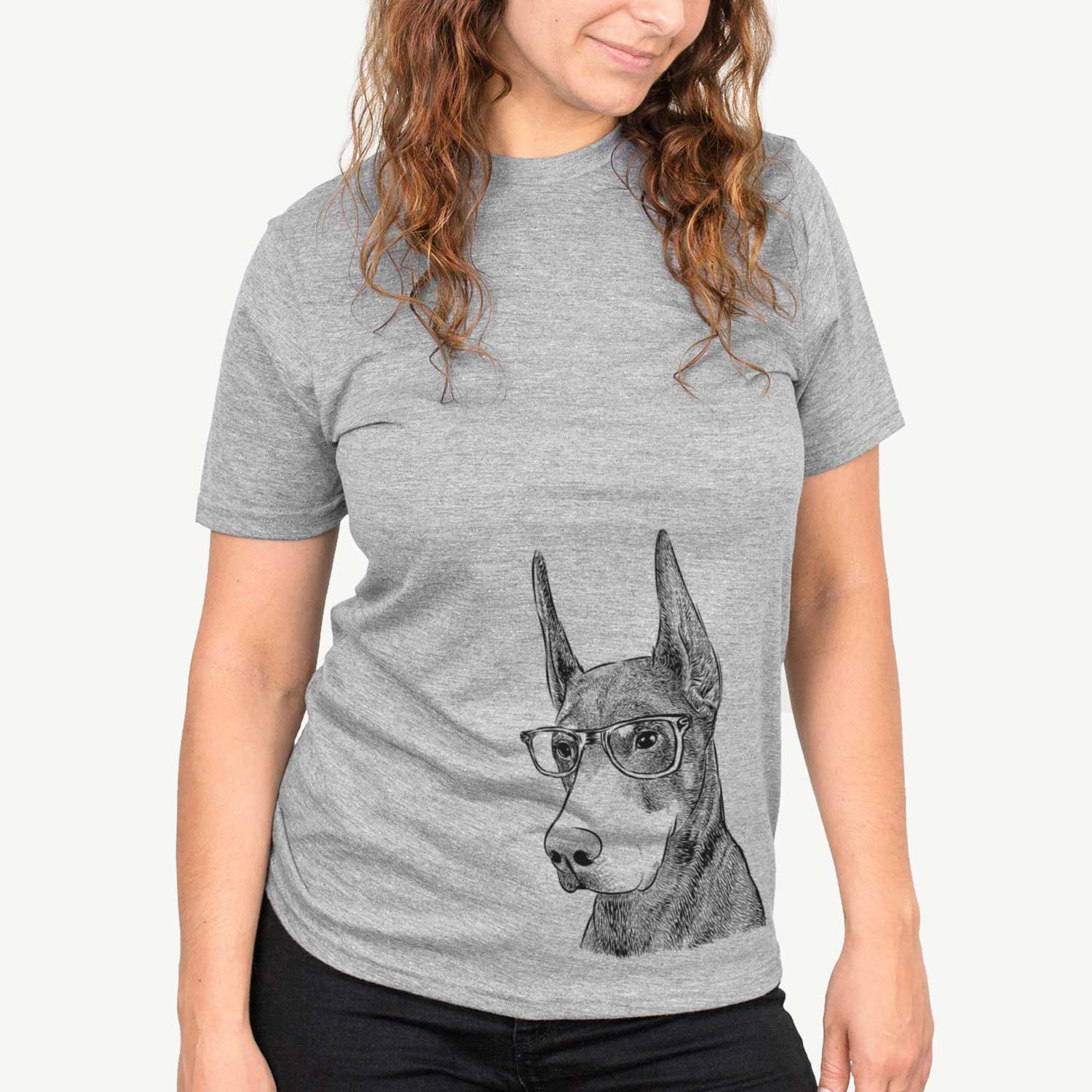 Hand-drawn sketch of Sunny the Doberman Pinscher on a Grey Unisex crewneck