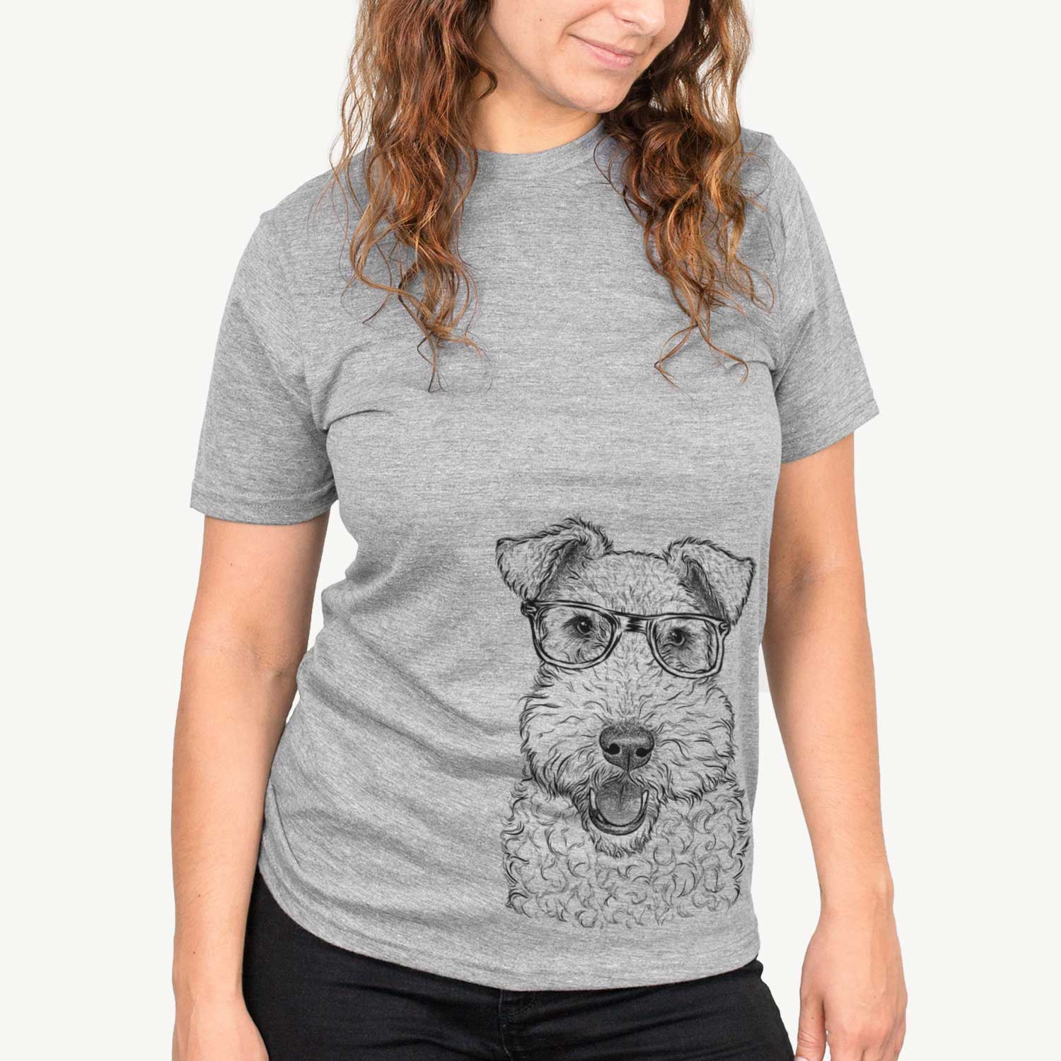 Hand-drawn sketch of Ted the Wire Fox Terrier on a Grey Unisex crewneck