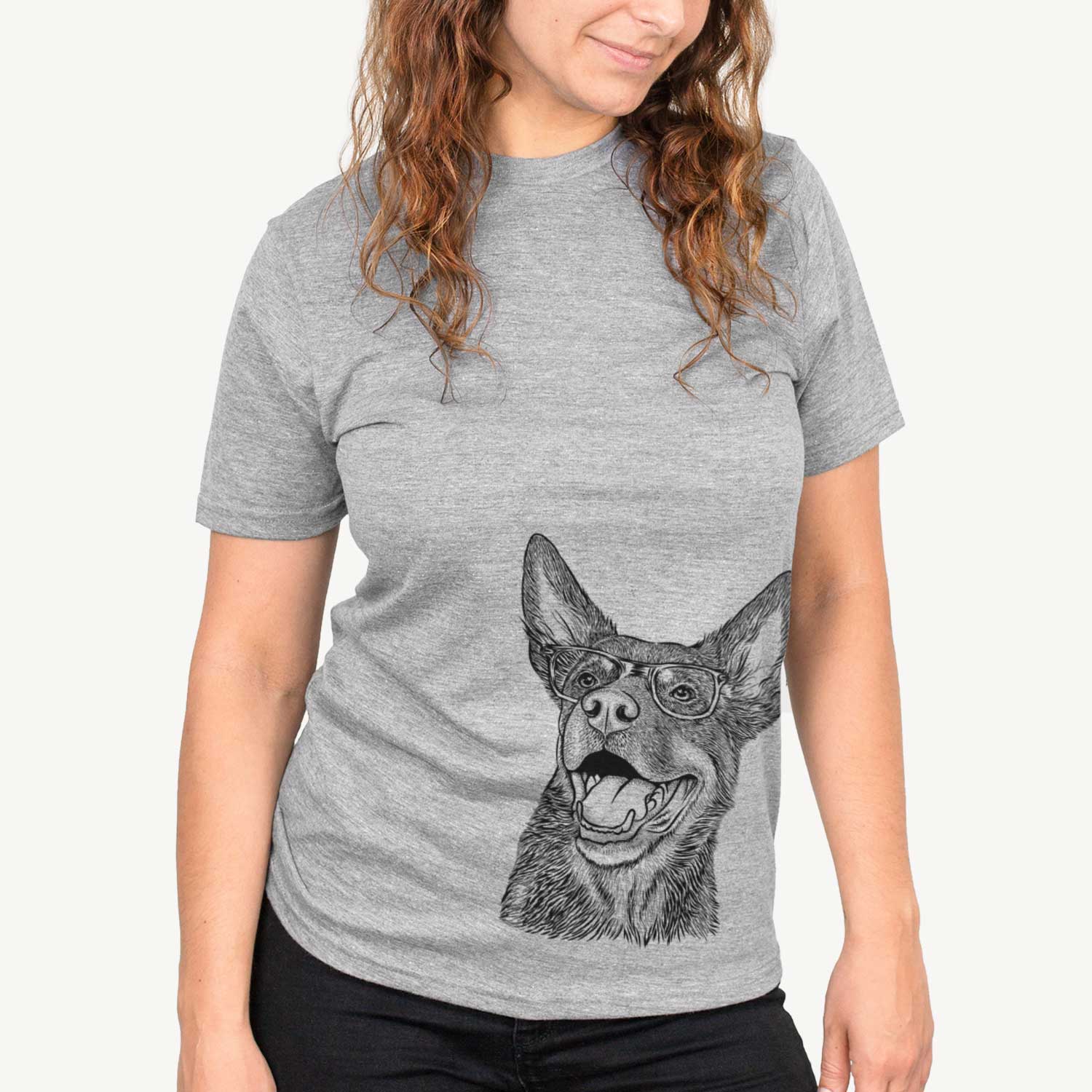 Hand-drawn sketch of Tucker the Australian Kelpie on a Grey Unisex crewneck