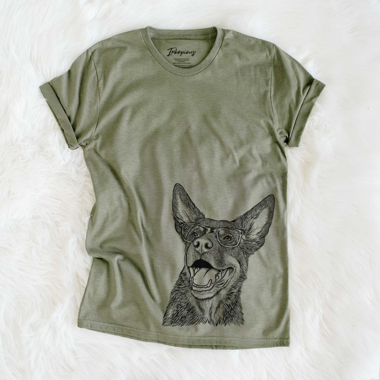 Hand-drawn sketch of Tucker the Australian Kelpie on an Olive Unisex crewneck
