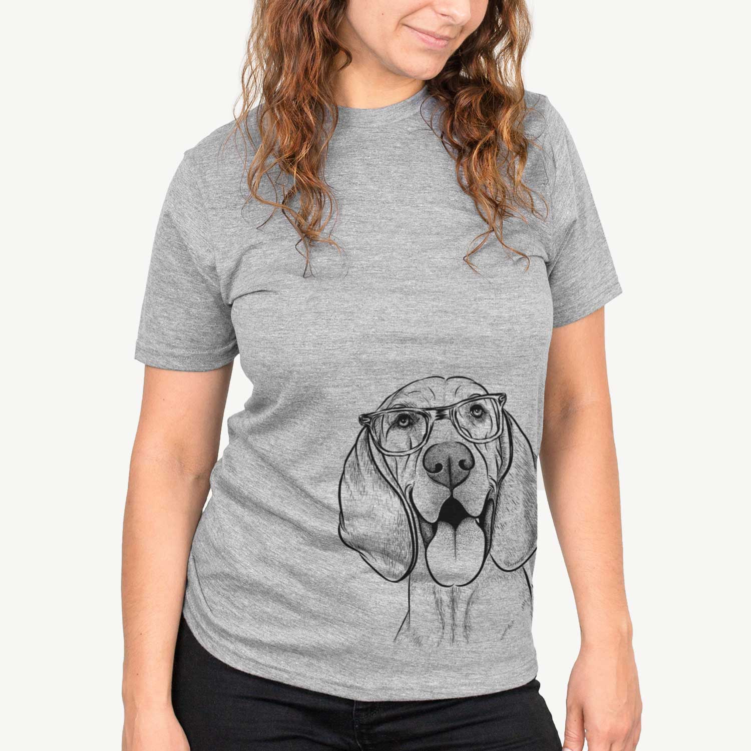Hand-drawn sketch of Winston the Redbone Coonhound on a Grey Unisex crewneck