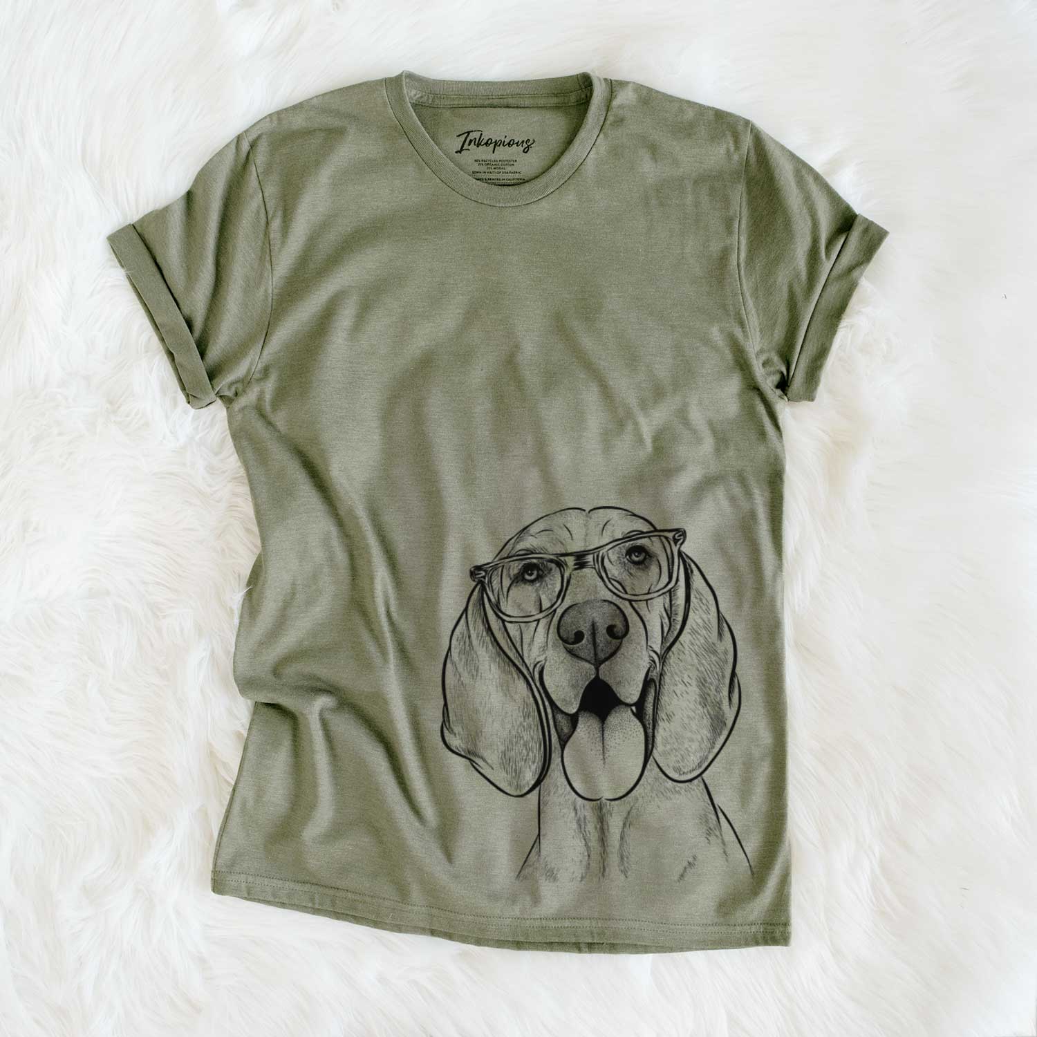 Hand-drawn sketch of Winston the Redbone Coonhound on an Olive Unisex crewneck
