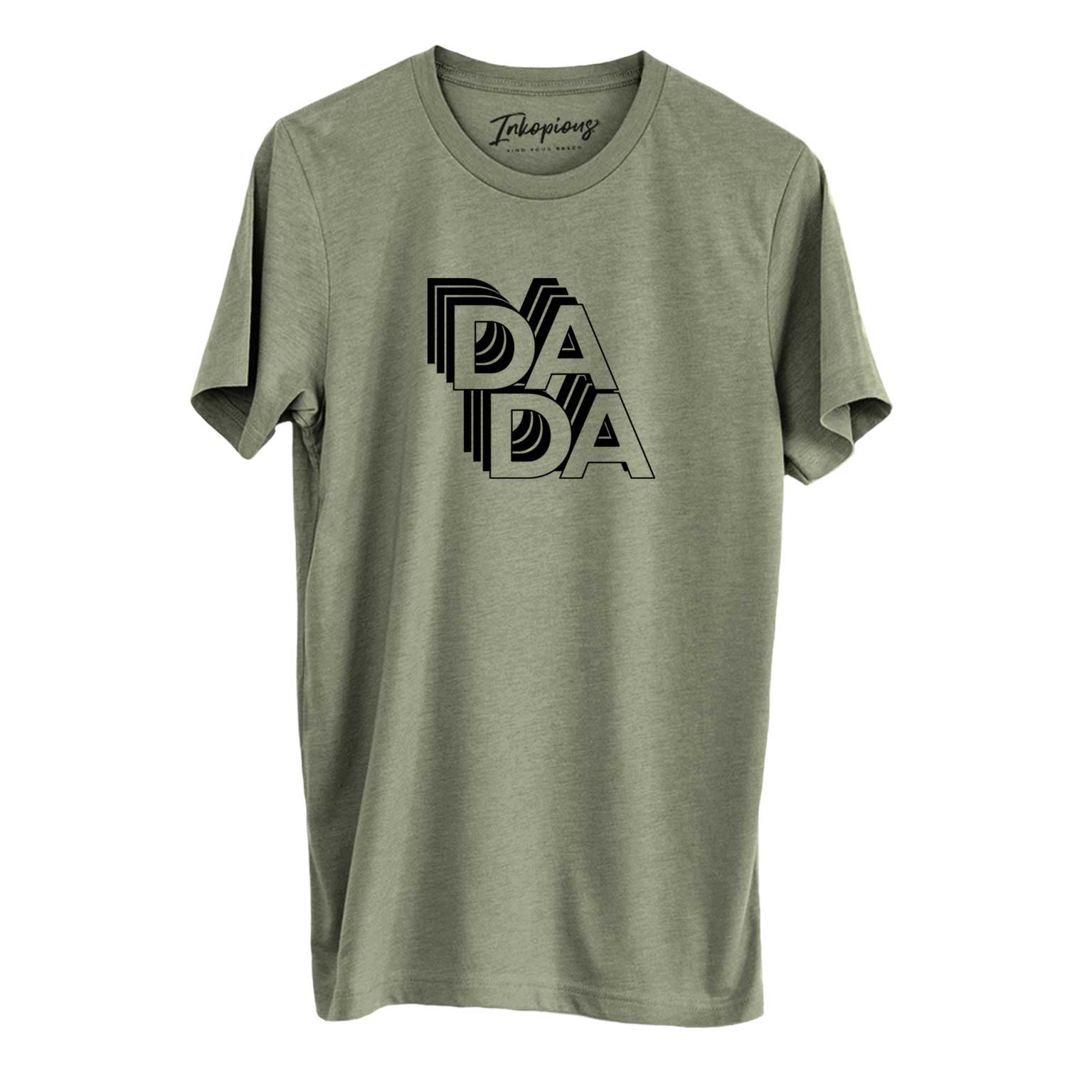 'Dada - Electristack Collection' design on an Olive Unisex crewneck, worn by a man