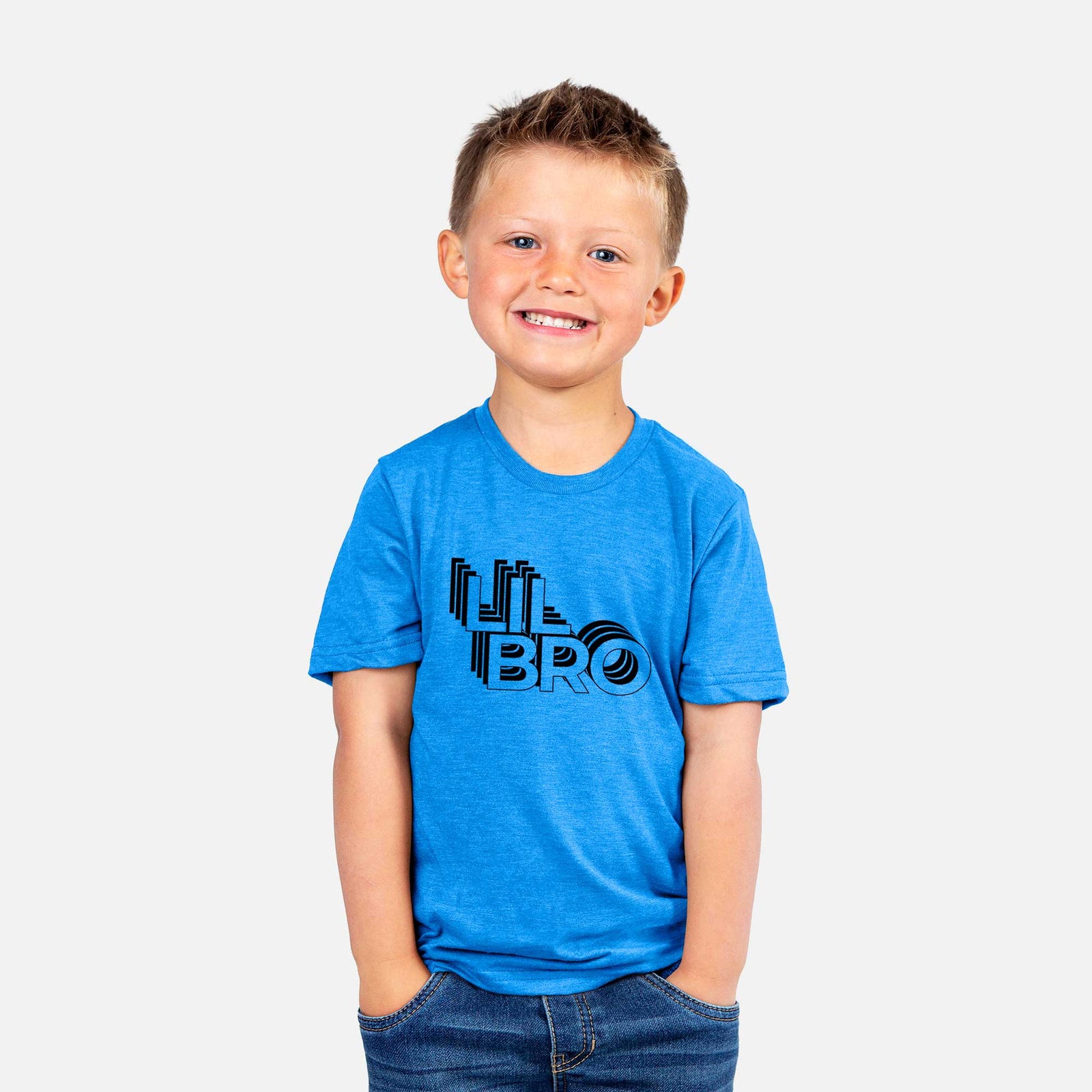 'Lil Bro - Electristack Collection' design on a kids' shirt, worn by a boy