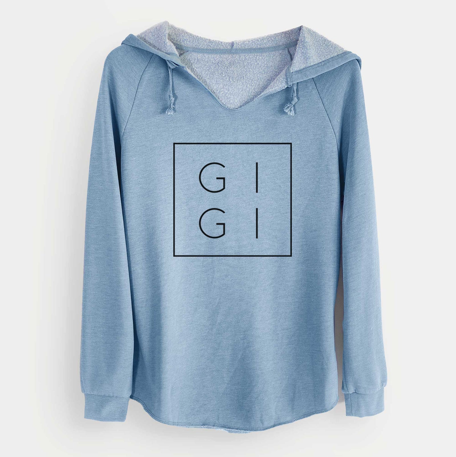 'Gigi Boxed' design on a Misty Blue Cali Wave Hooded Sweatshirt
