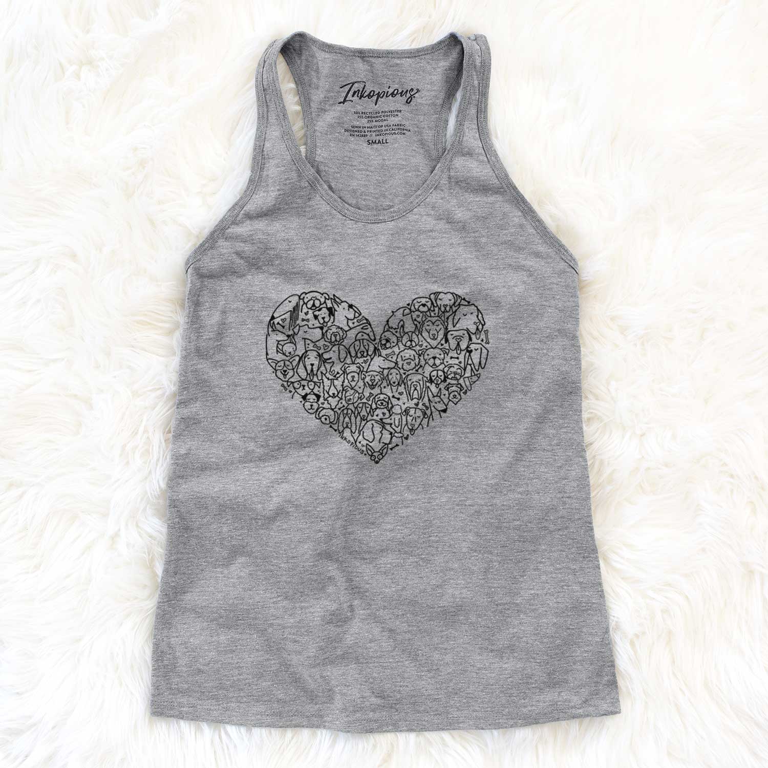 'LAST CHANCE – Heart Full of Dogs' design on a Grey racerback tank top