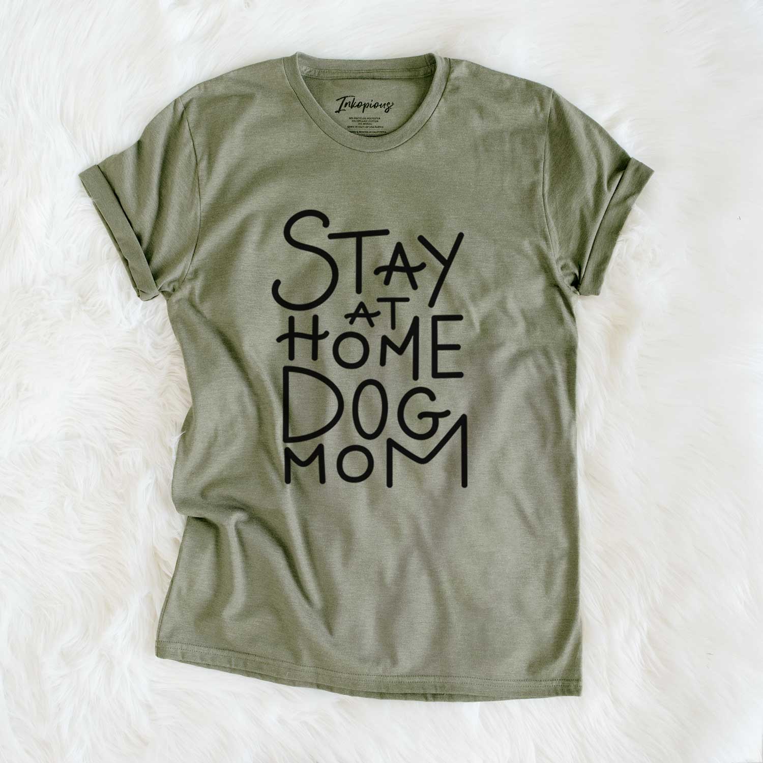 'Stay at Home Dog Mom' design on an Olive Unisex crewneck