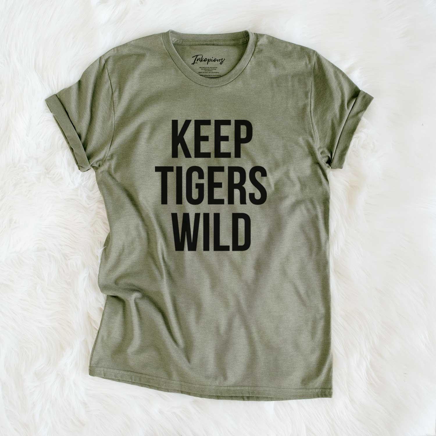 'Keep Tigers Wild' design on an Olive Unisex crewneck