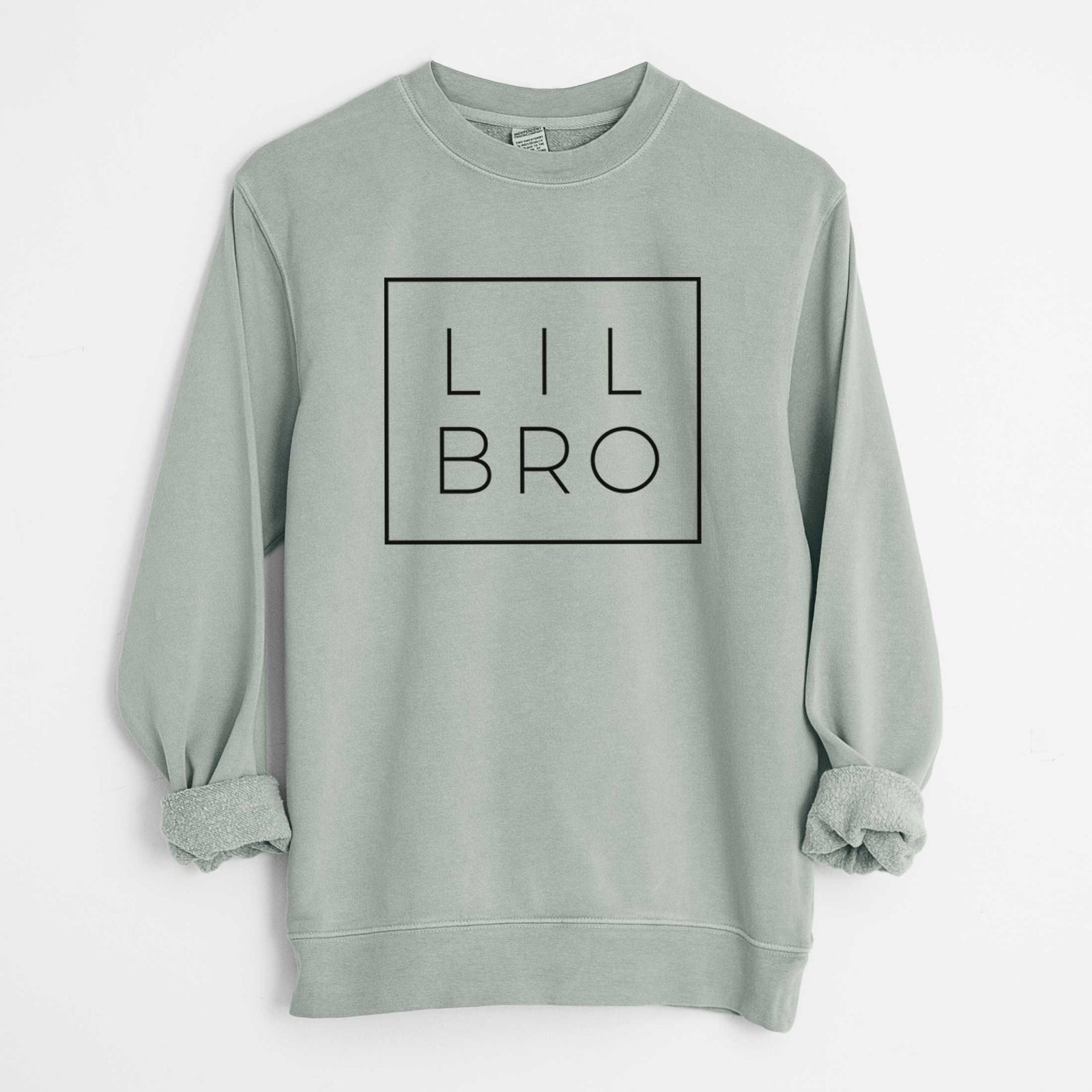 'Lil Bro Boxed' design on a Sage Unisex pigment dyed crew sweatshirt