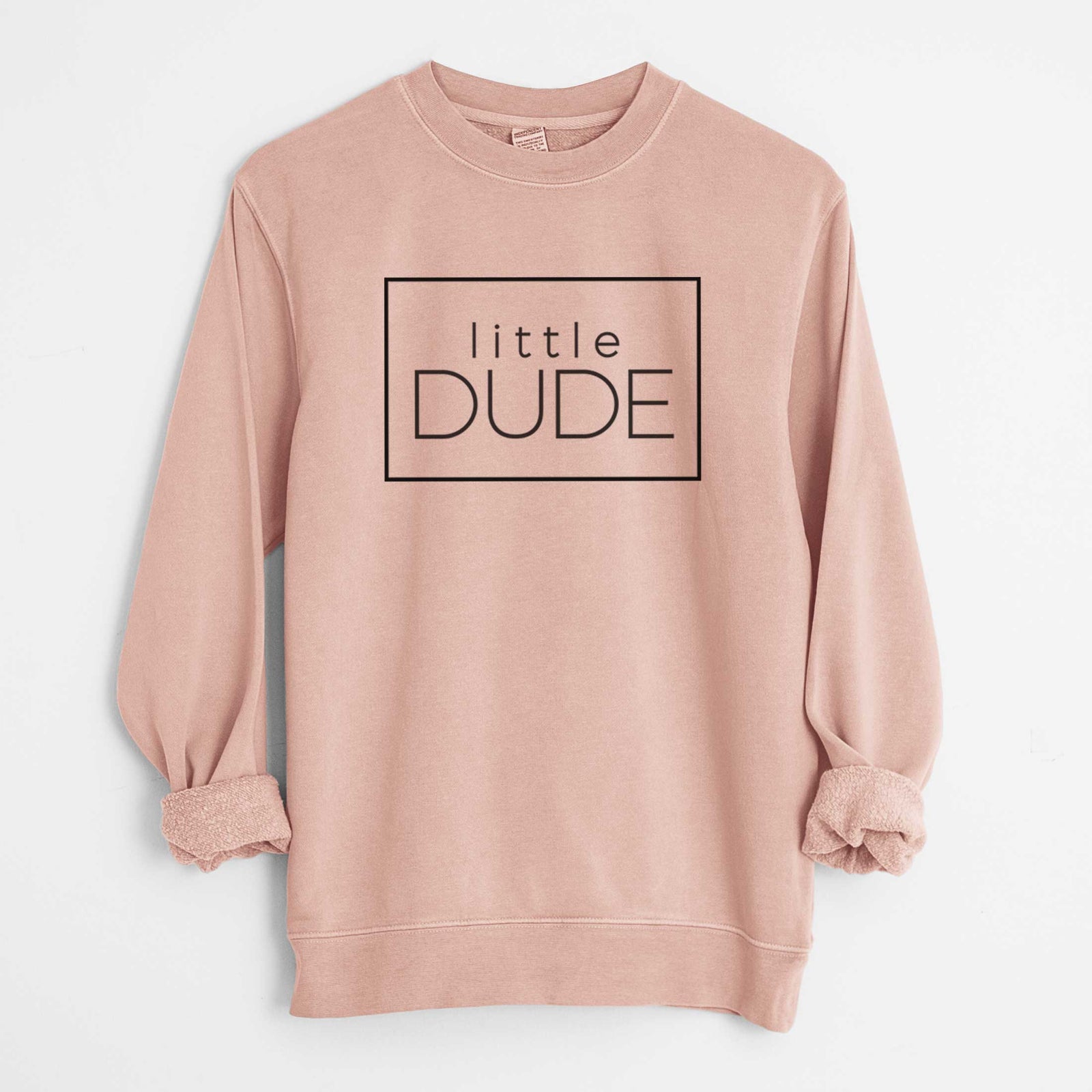 'Little Dude Boxed' design on a Dusty Pink Unisex pigment dyed crew sweatshirt