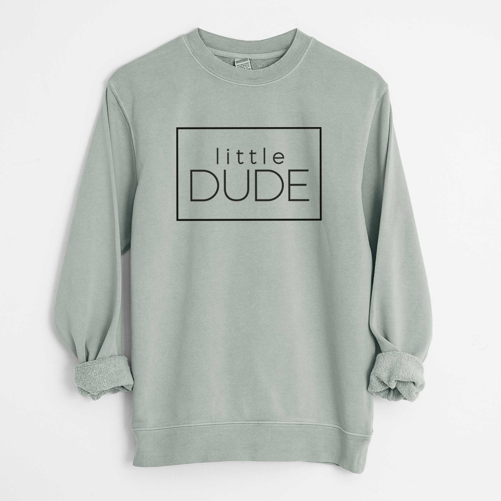 'Little Dude Boxed' design on a Sage Unisex pigment dyed crew sweatshirt