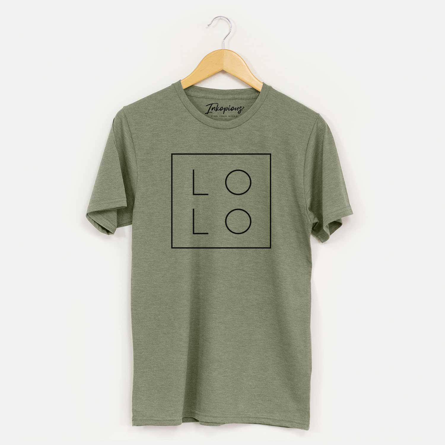 'Lolo Boxed' design on an Olive Unisex crewneck