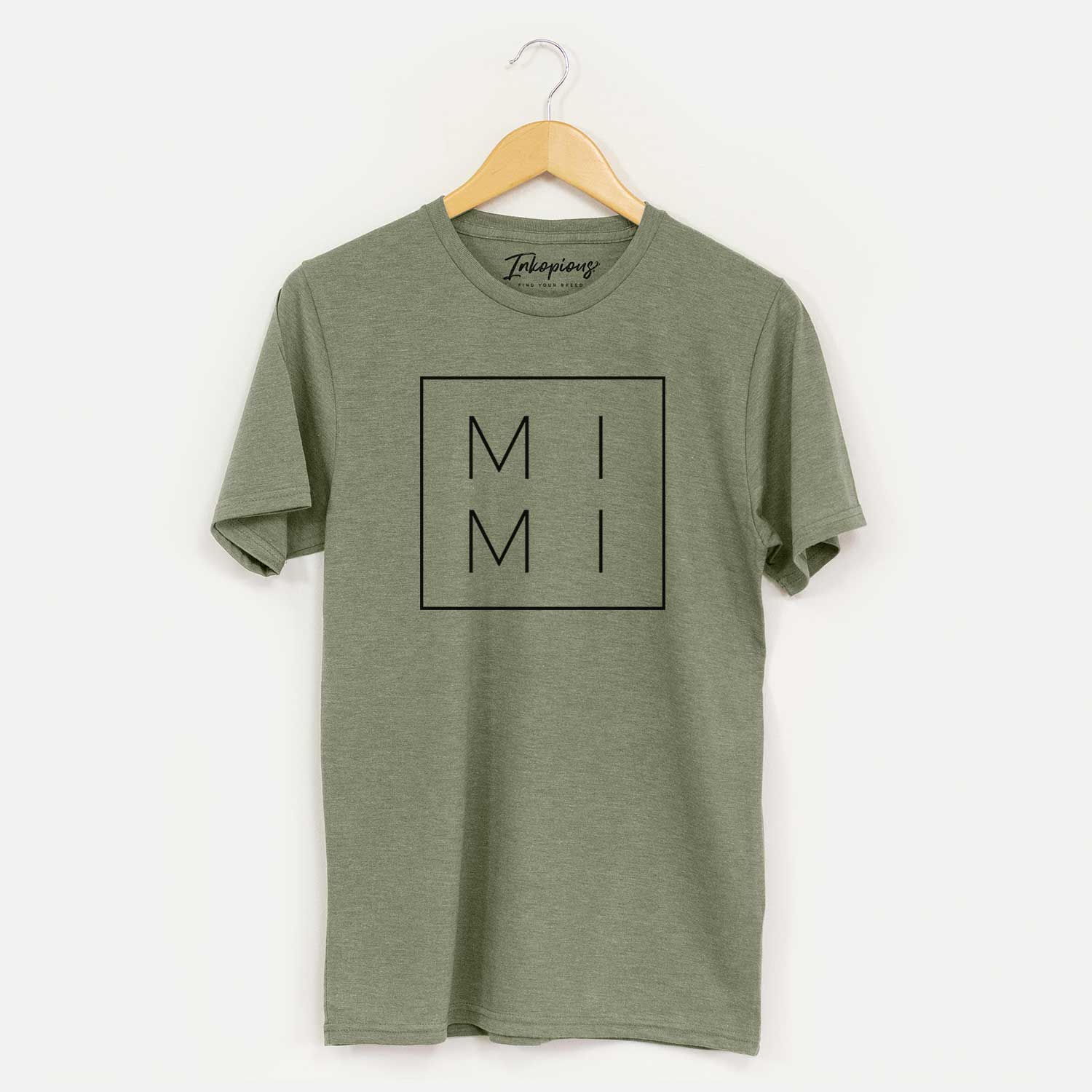 'MiMi Boxed' design on an Olive Unisex crewneck