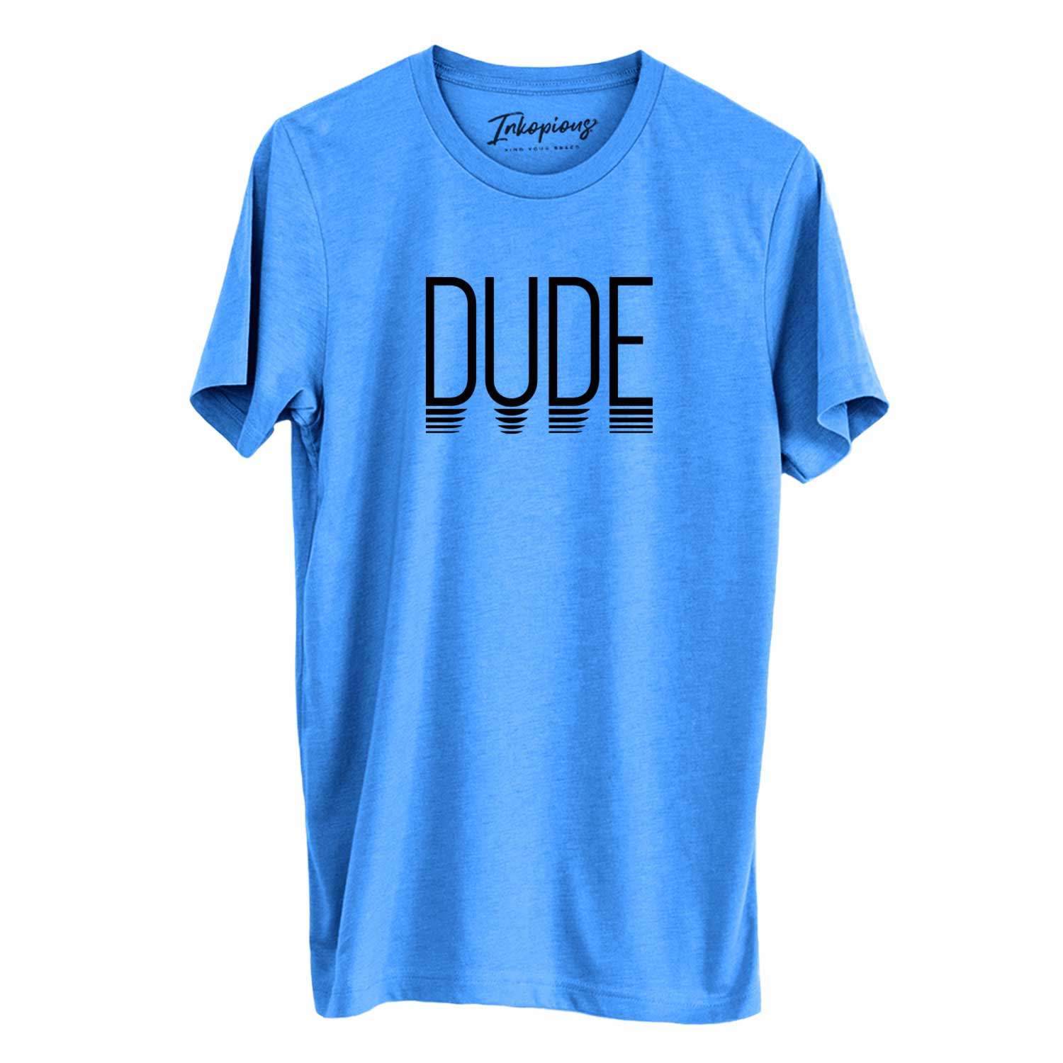 'Dude - Reflections Collection' design on a Blue Unisex crewneck, worn by a man