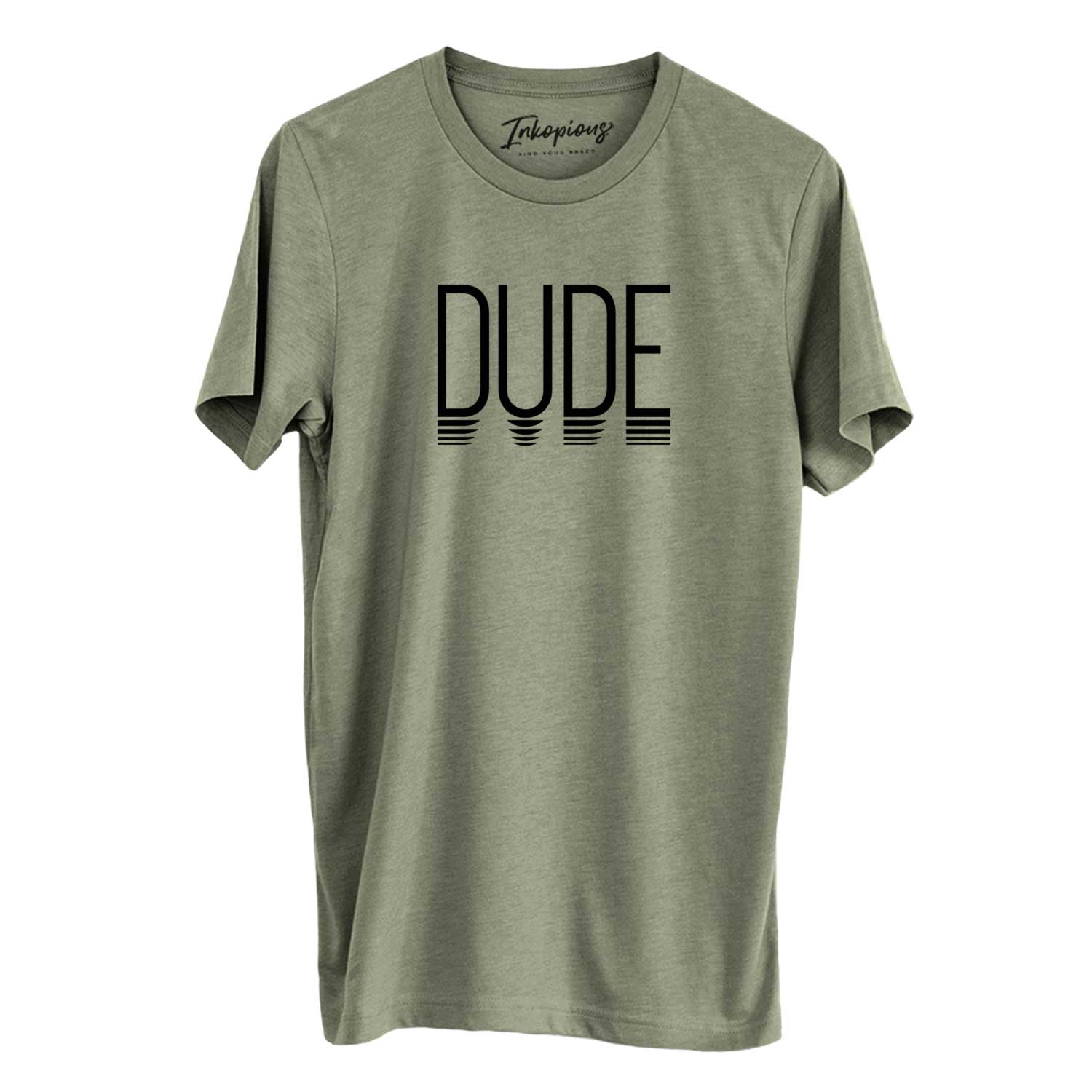 'Dude - Reflections Collection' design on an Olive Unisex crewneck, worn by a man