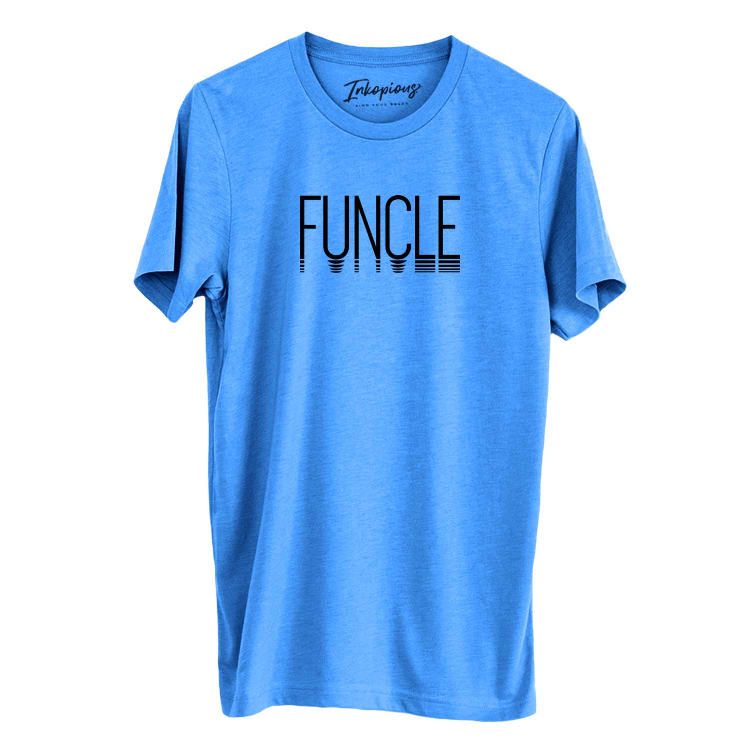 'Funcle - Reflections Collection' design on a Blue Unisex crewneck, worn by a man