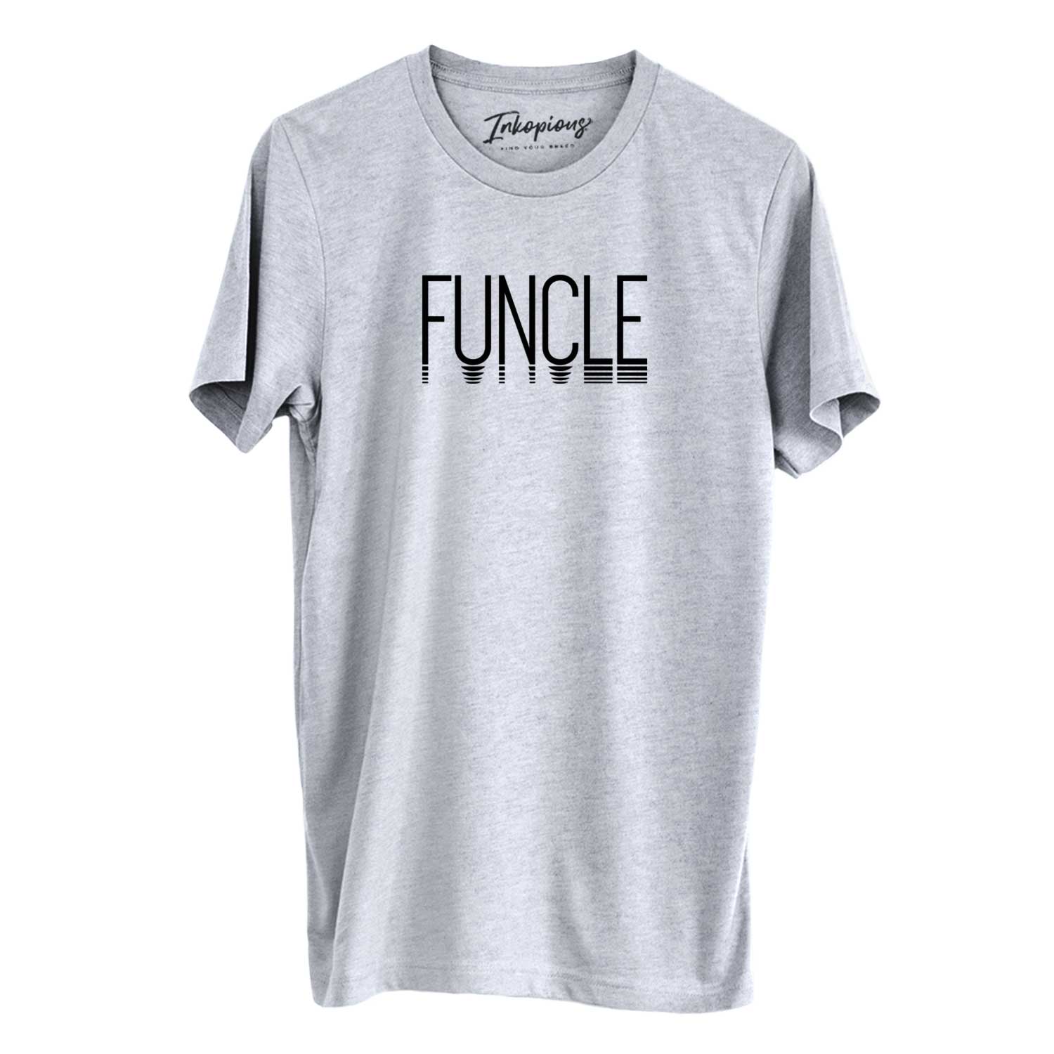 'Funcle - Reflections Collection' design on a Grey Unisex crewneck, worn by a man