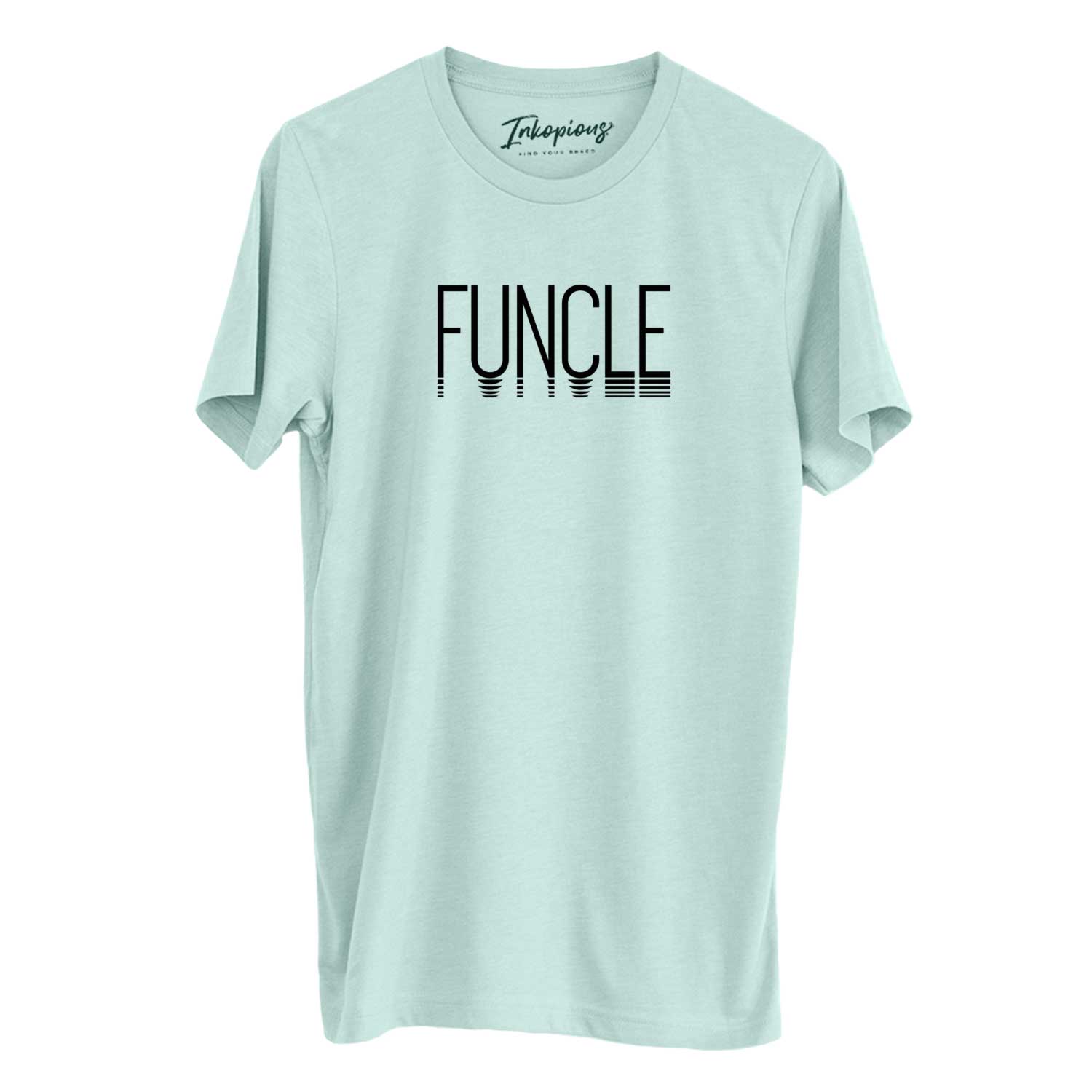 'Funcle - Reflections Collection' design on a Heather Sage Unisex crewneck, worn by a man