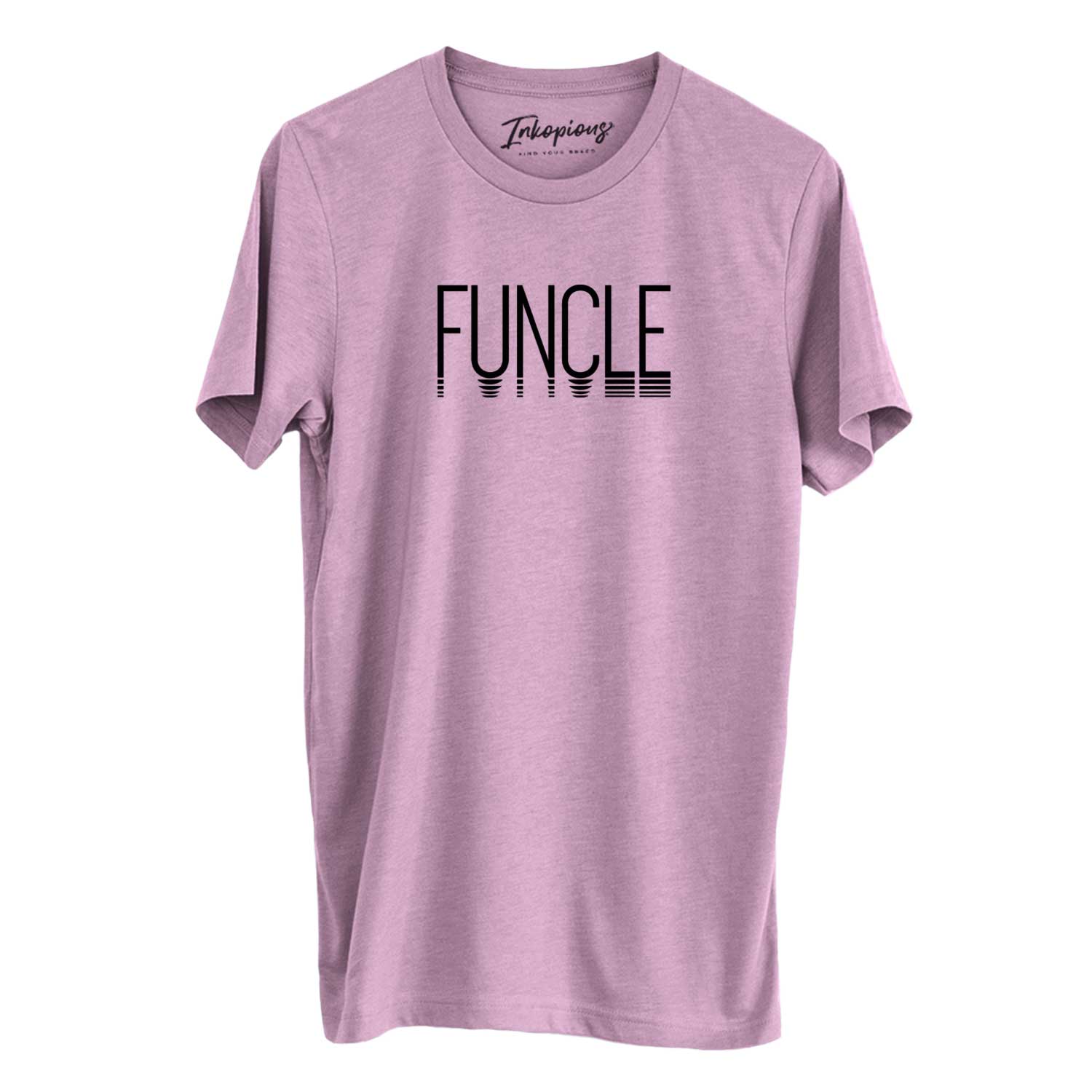 'Funcle - Reflections Collection' design on an Orchid Unisex crewneck, worn by a man