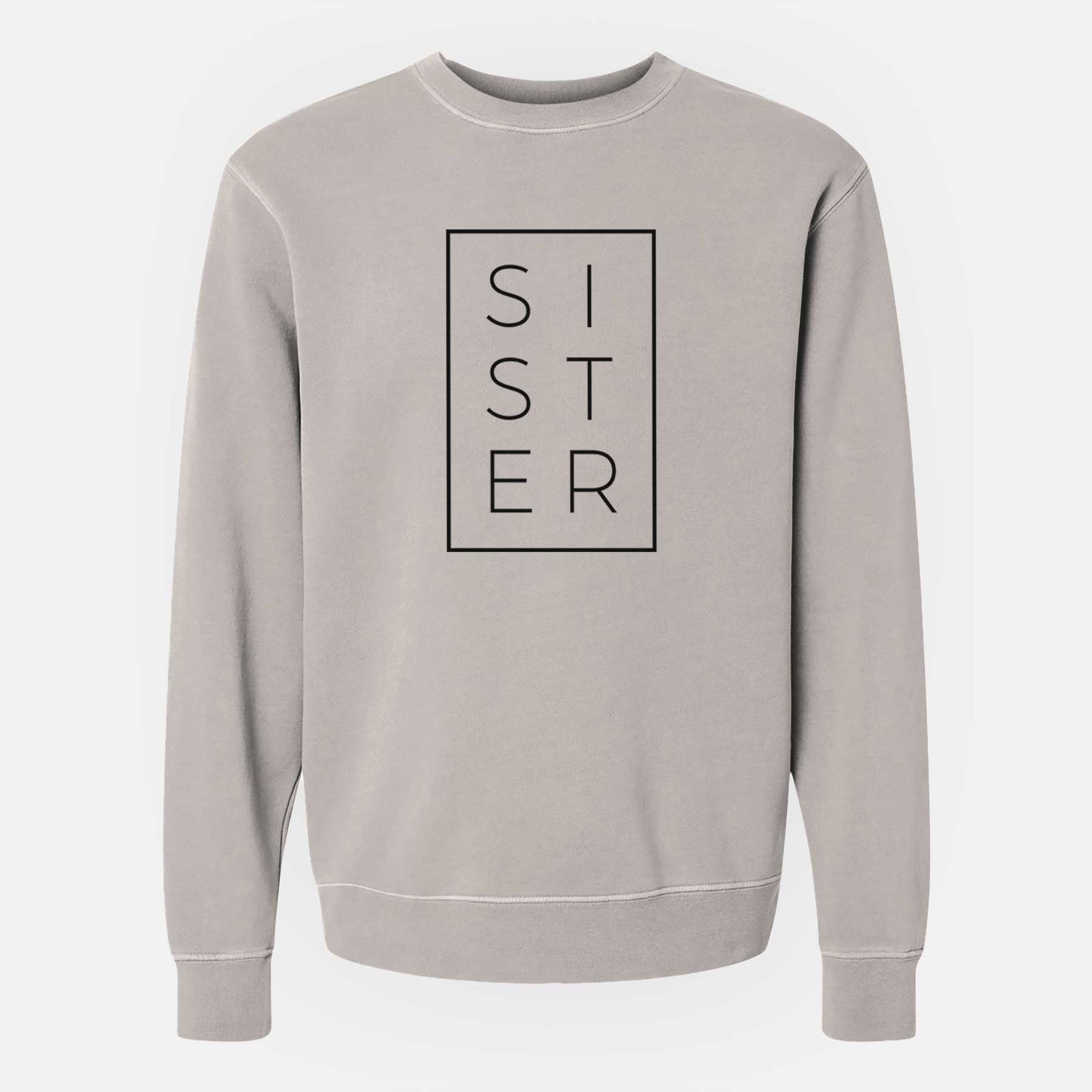 'Sister Boxed' design on a Cement Unisex pigment dyed crew sweatshirt