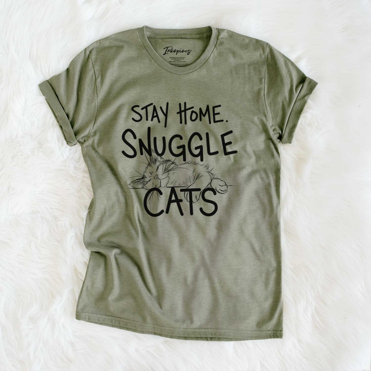'Stay Home Snuggle Cats' design on an Olive Unisex crewneck