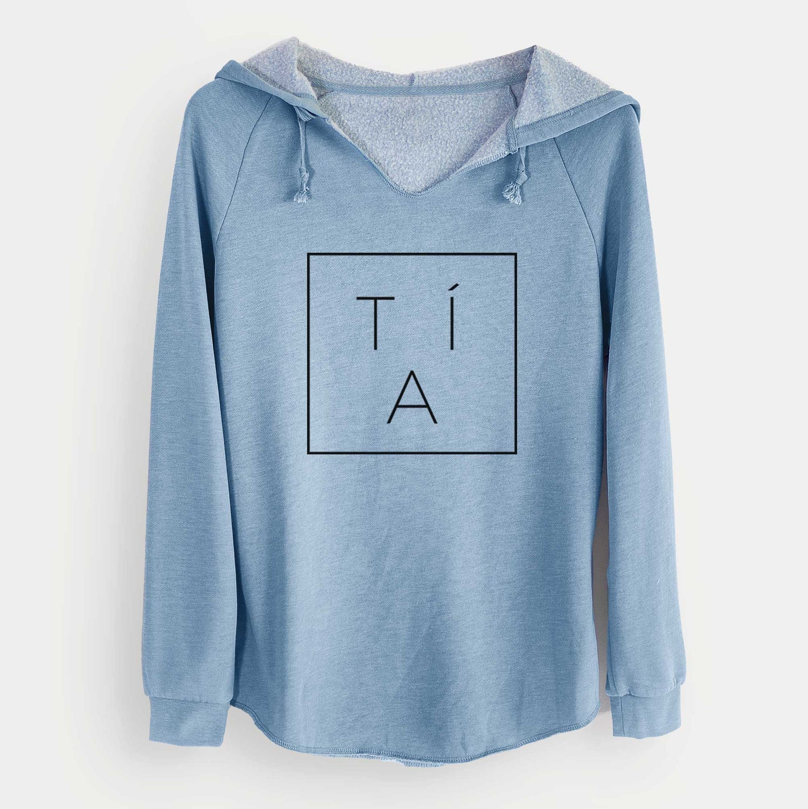 'Tia Boxed' design on a Misty Blue Cali Wave Hooded Sweatshirt