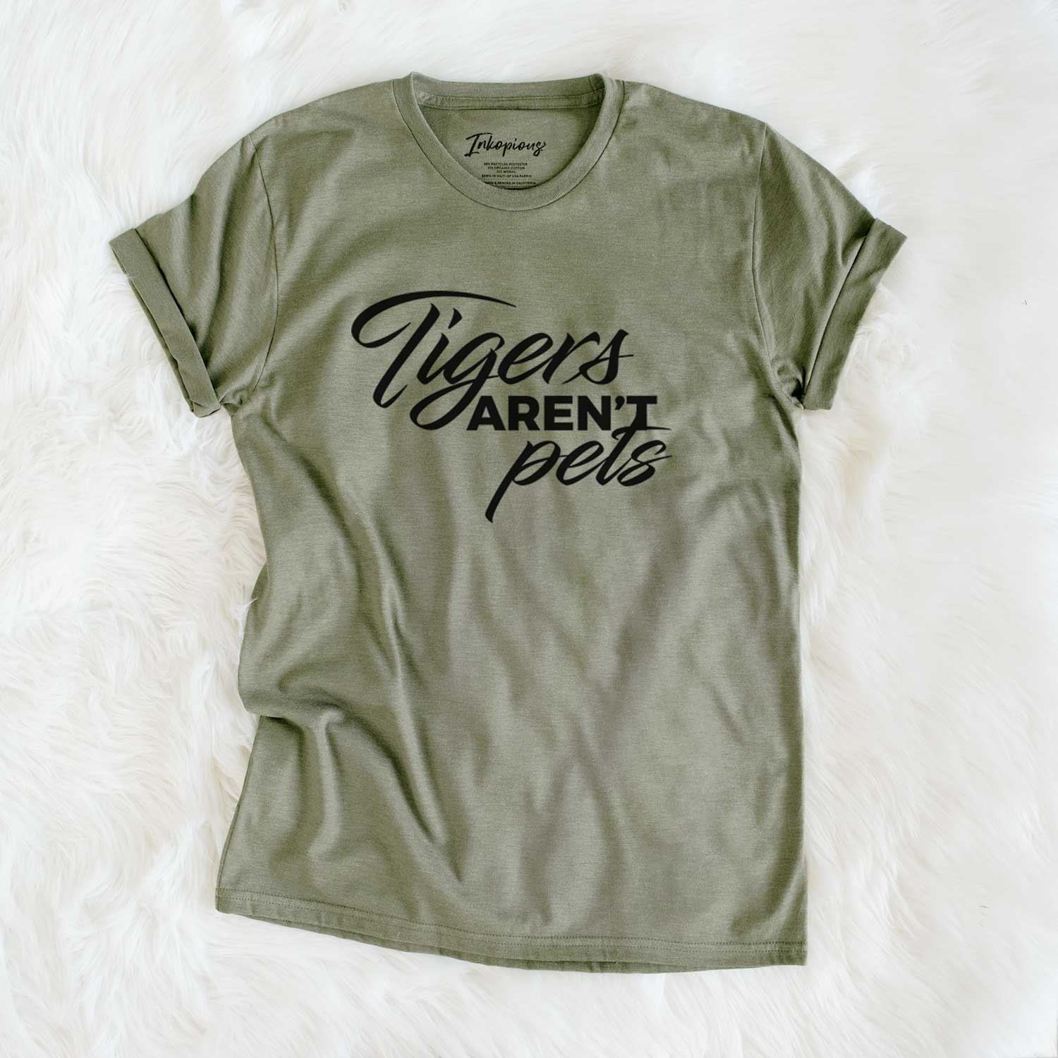'Tigers Aren't Pets' design on an Olive Unisex crewneck