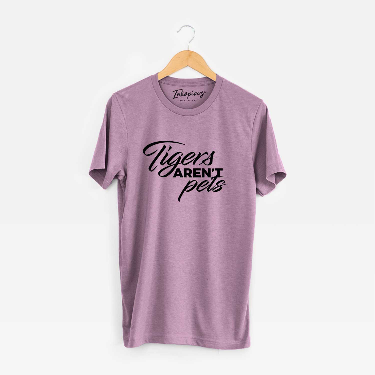 'Tigers Aren't Pets' design on an Orchid Unisex crewneck