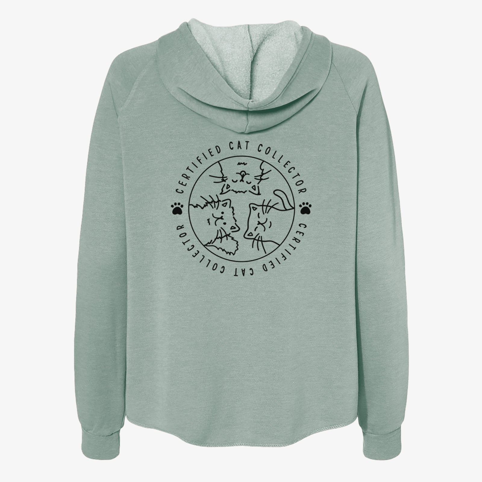 'Certified Cat Collector' design on a Sage Women's cali wave zip-up sweatshirt