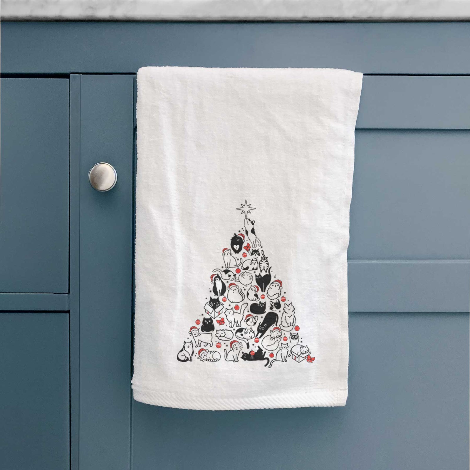 'Christmas Tree of Cats' design on a decorative hand towel