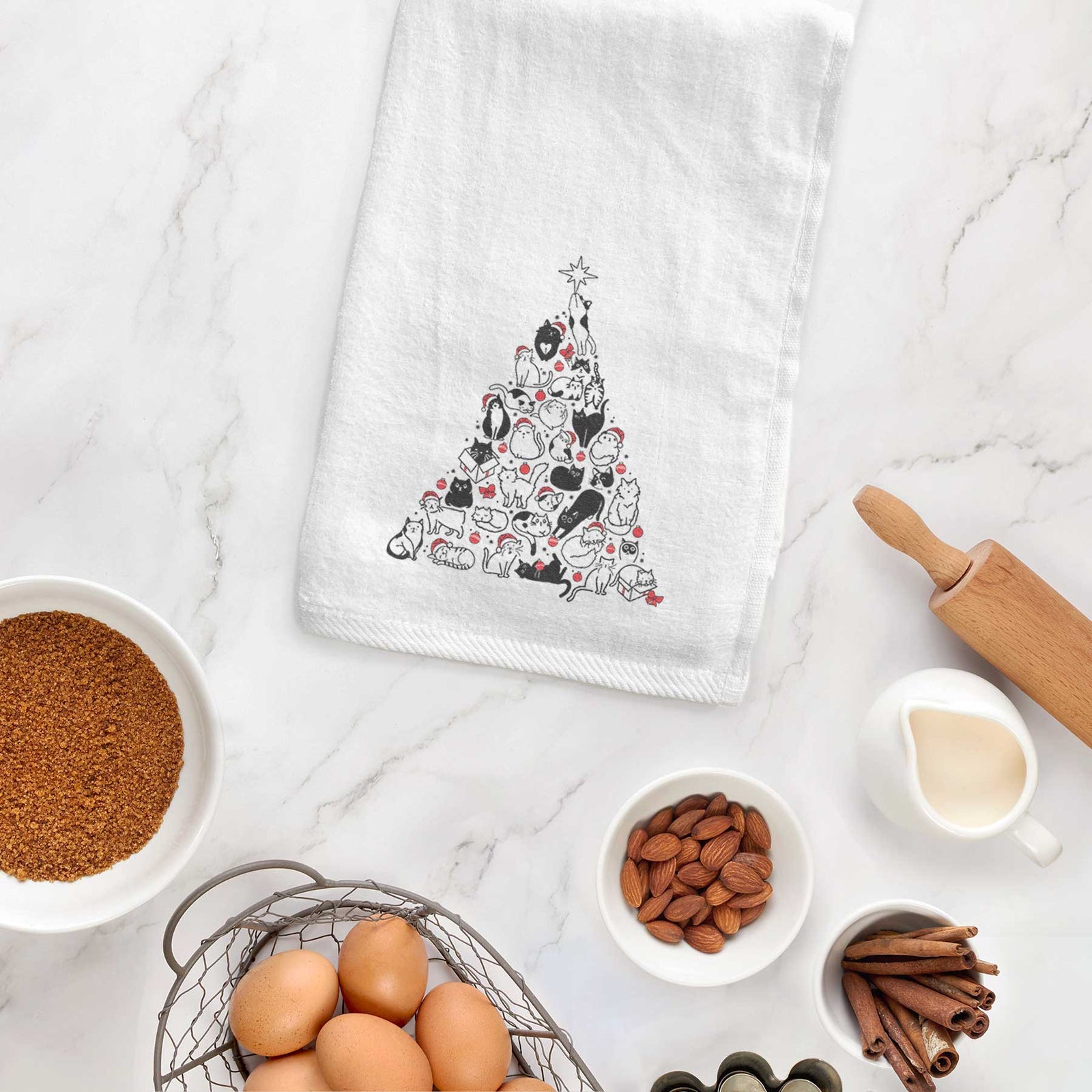 'Christmas Tree of Cats' design on a decorative hand towel