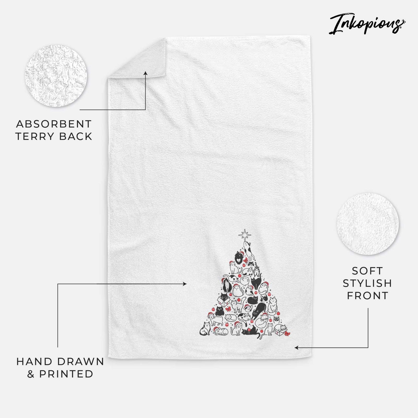 'Christmas Tree of Cats' design on a decorative hand towel