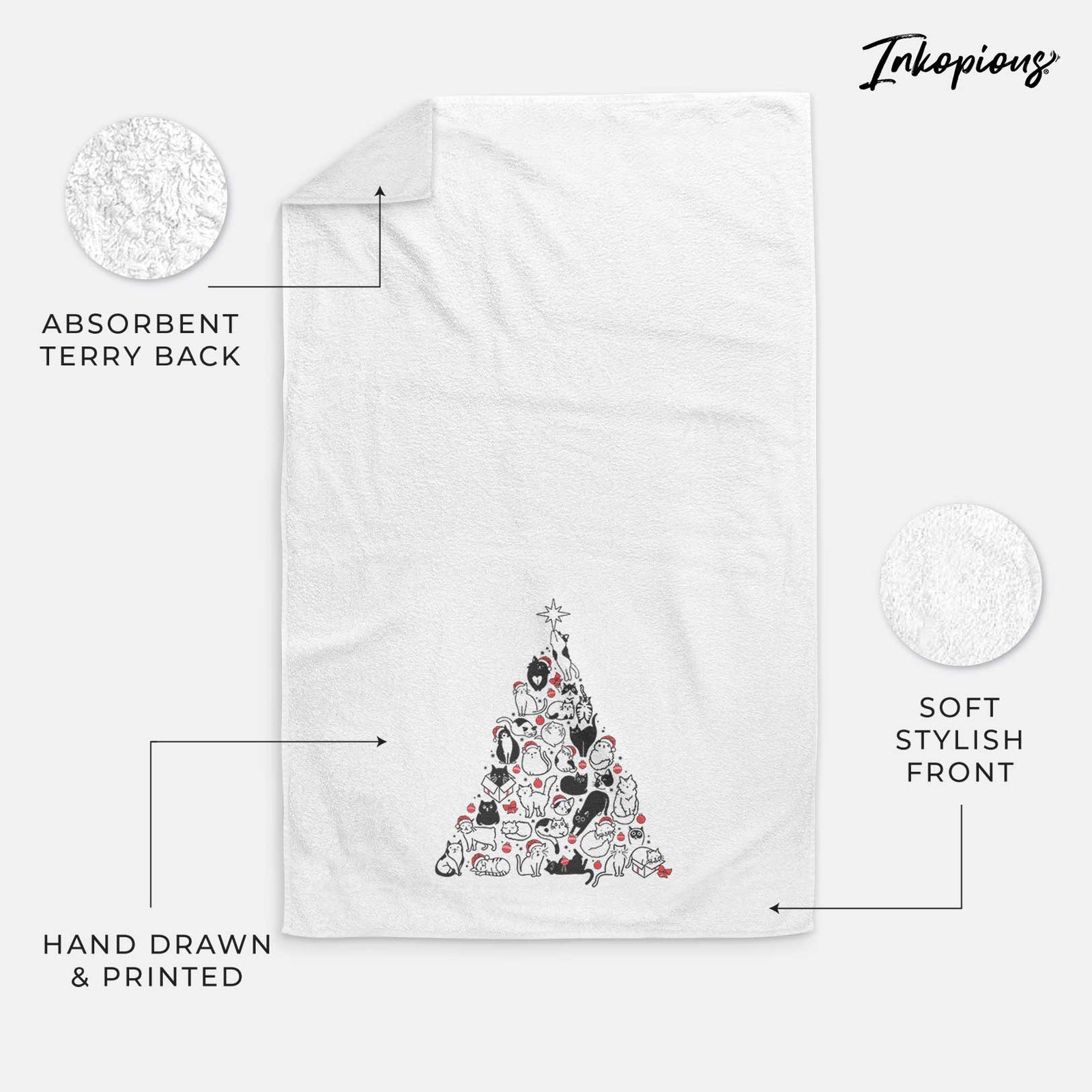 'Christmas Tree of Cats' design on a decorative hand towel